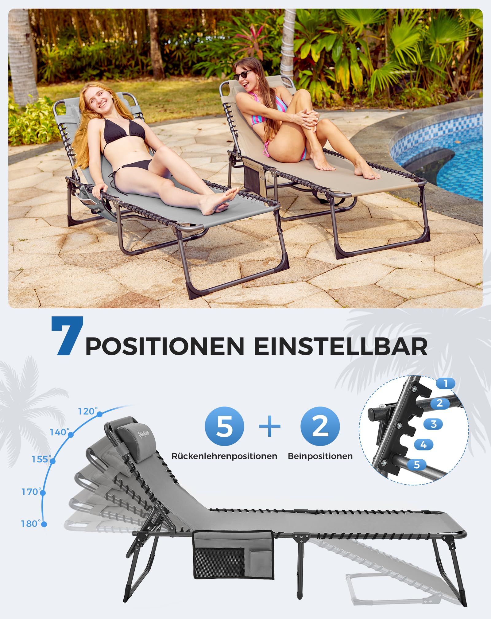 Sonnenliege Klappbar 5-Verstellbare, bis 180 kg, 2er Set, Blau | Gartenliege Klappbar, mit Kopfstütze & Seitentasche, Sonnenliege Wetterfest, Strandliege für Garten Terrasse Pool Camping