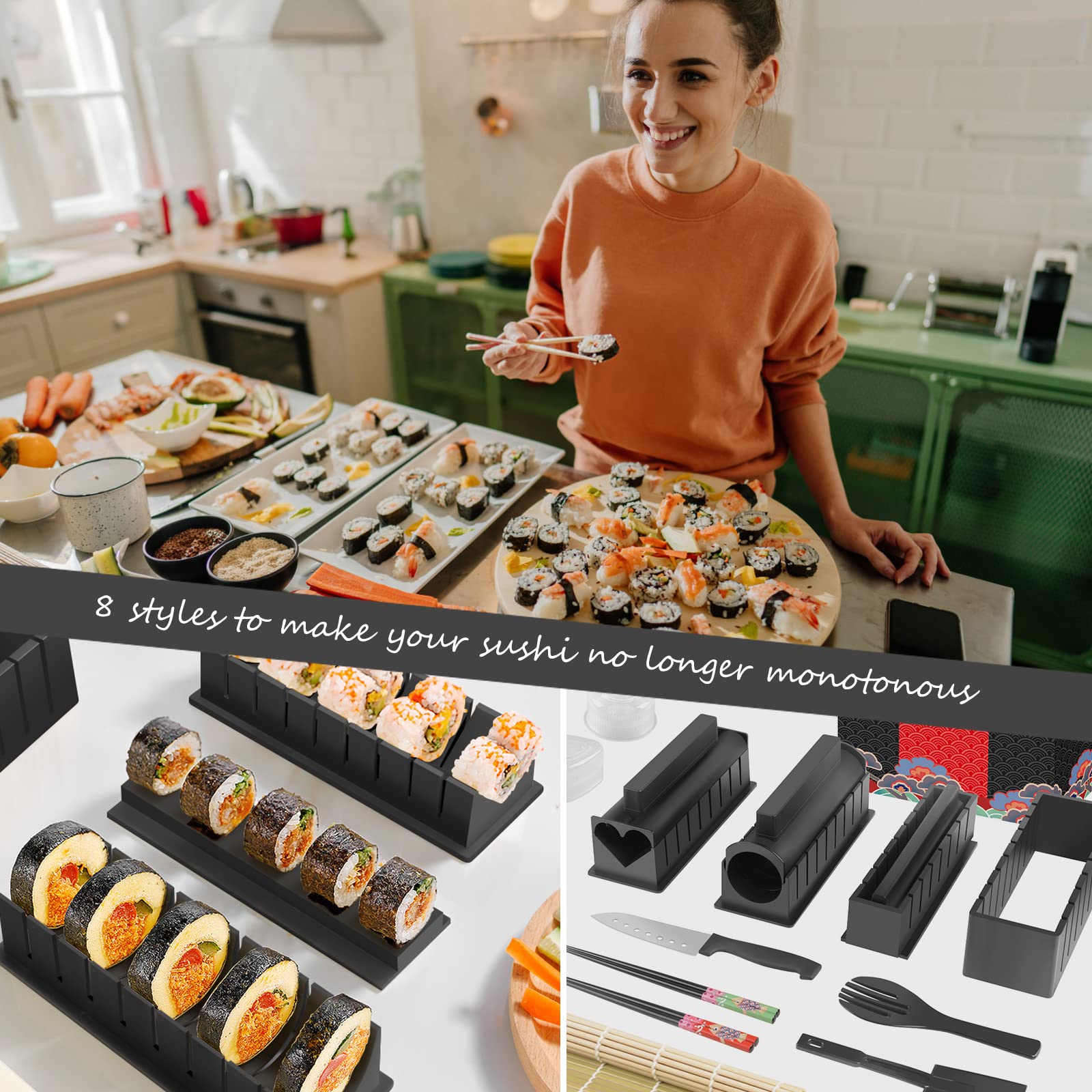 Sushi Set, 20-teiliges Kit für Anfänger, um sich selbst Sushi zu machen, Sushi-Platte mit Reisrollenformen, Gabel, Messer, Rollmatte, Sticks