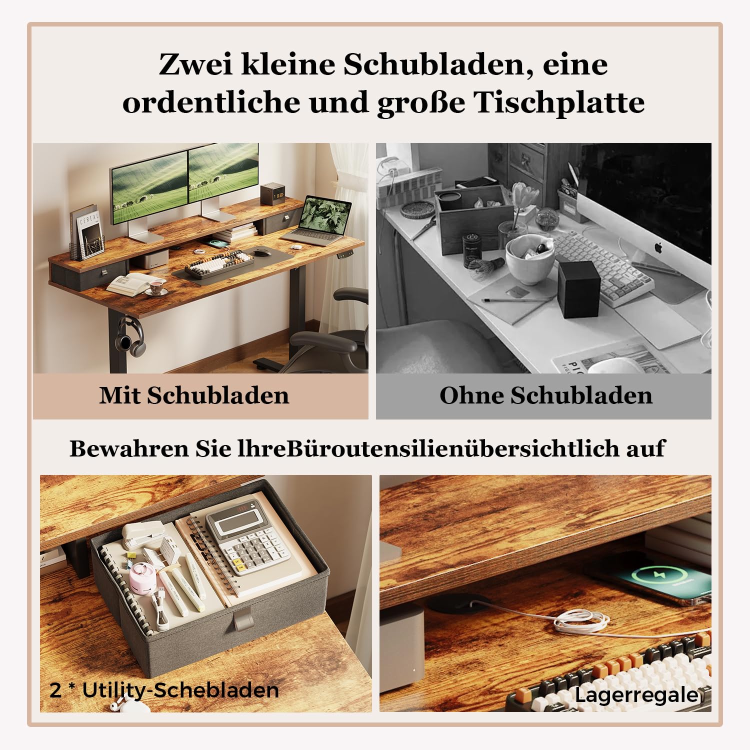 Höhenverstellbarer Schreibtisch mit Doppelschubladen, Elektrisch Höhenverstellbarer Schreibtisch, Sitz-Steh-Computertisch, Ergonomischer Stehschreibtisch