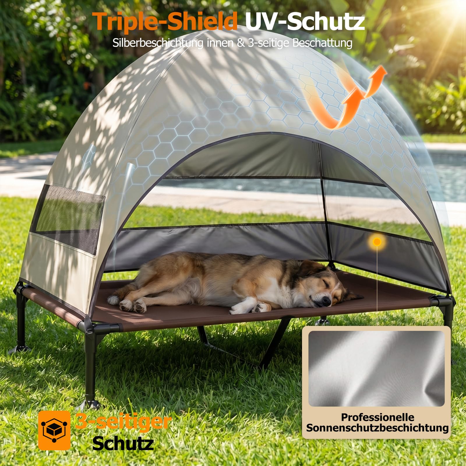 Erhöhtes Hundebett Outdoor mit UV-beständiges Dach，Hundeliege Klappbar mit Anti-Rutsch-Füßen, Hundezelt Outdoor mit Großem Schatten, Kühlendes ErhöHtes Hunde Bett für Camping, Garten & Pool (Grau, L)