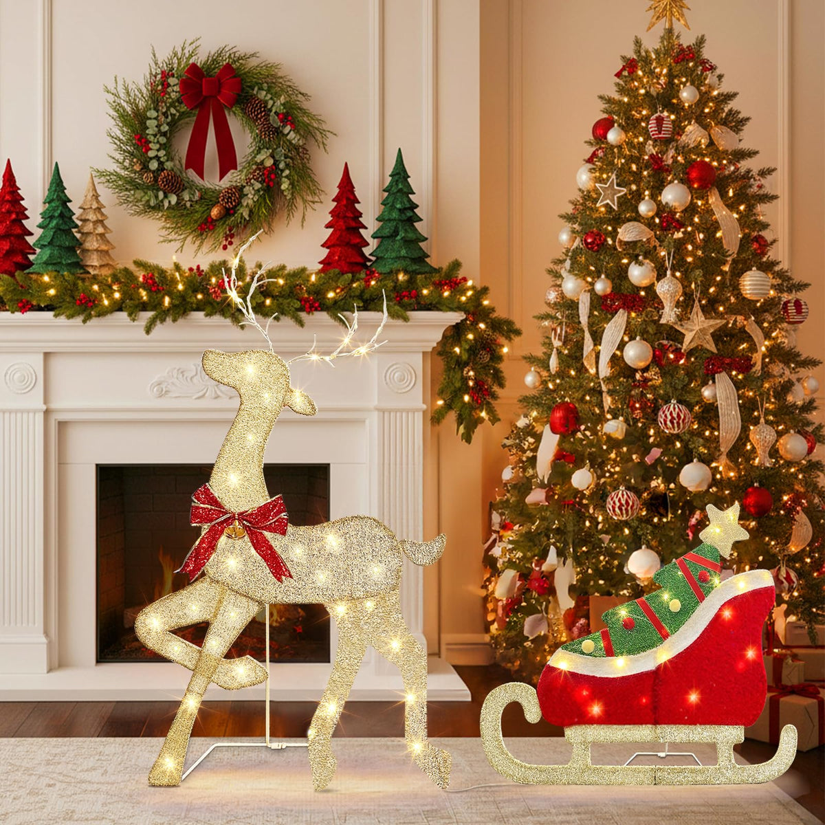 LED Rentier Metall Gold Weiß Eisen Rahmen Beleuchtet Weihnachtshirsch warm weiß Weihnachten Deko für Innen Aussen