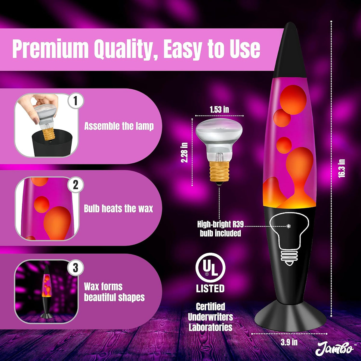 Jambo Liquid-Motion-Lampe mit schwarzem Sockel (Black Base, Purple Liquid, Yellow Wax, 16")