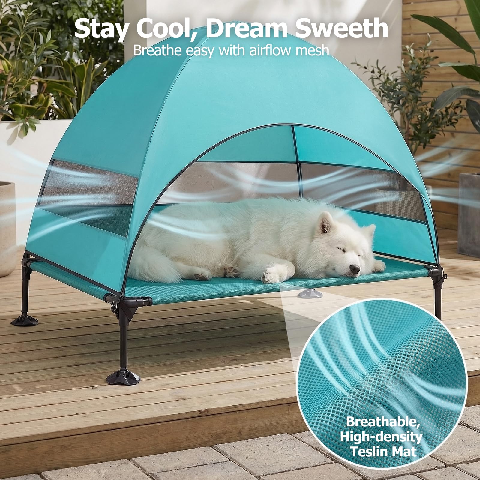 Erhöhtes Hundebett Outdoor mit UV-beständiges Dach，Hundeliege Klappbar mit Anti-Rutsch-Füßen, Hundezelt Outdoor mit Großem Schatten, Kühlendes ErhöHtes Hunde Bett für Camping, Garten & Pool (Grau, L)