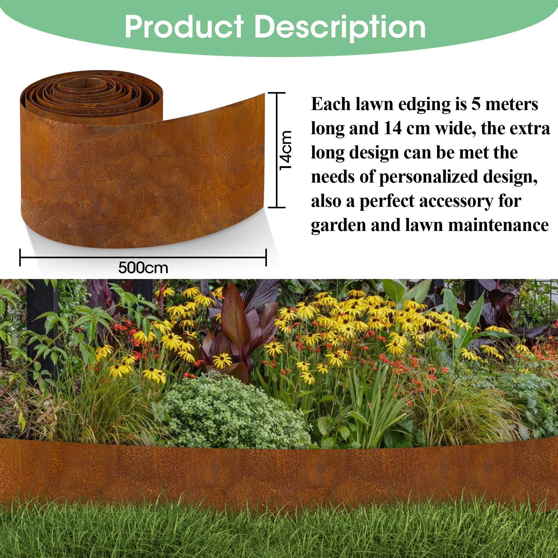 Garten Rasenkante aus Cortenstahl, Cortenstahl Rasenkante Corten-Stahl Beeteinfassung für DIY-Rasen, Rasenkantenband mit Rost inklusive 1 Paar Handschuhe