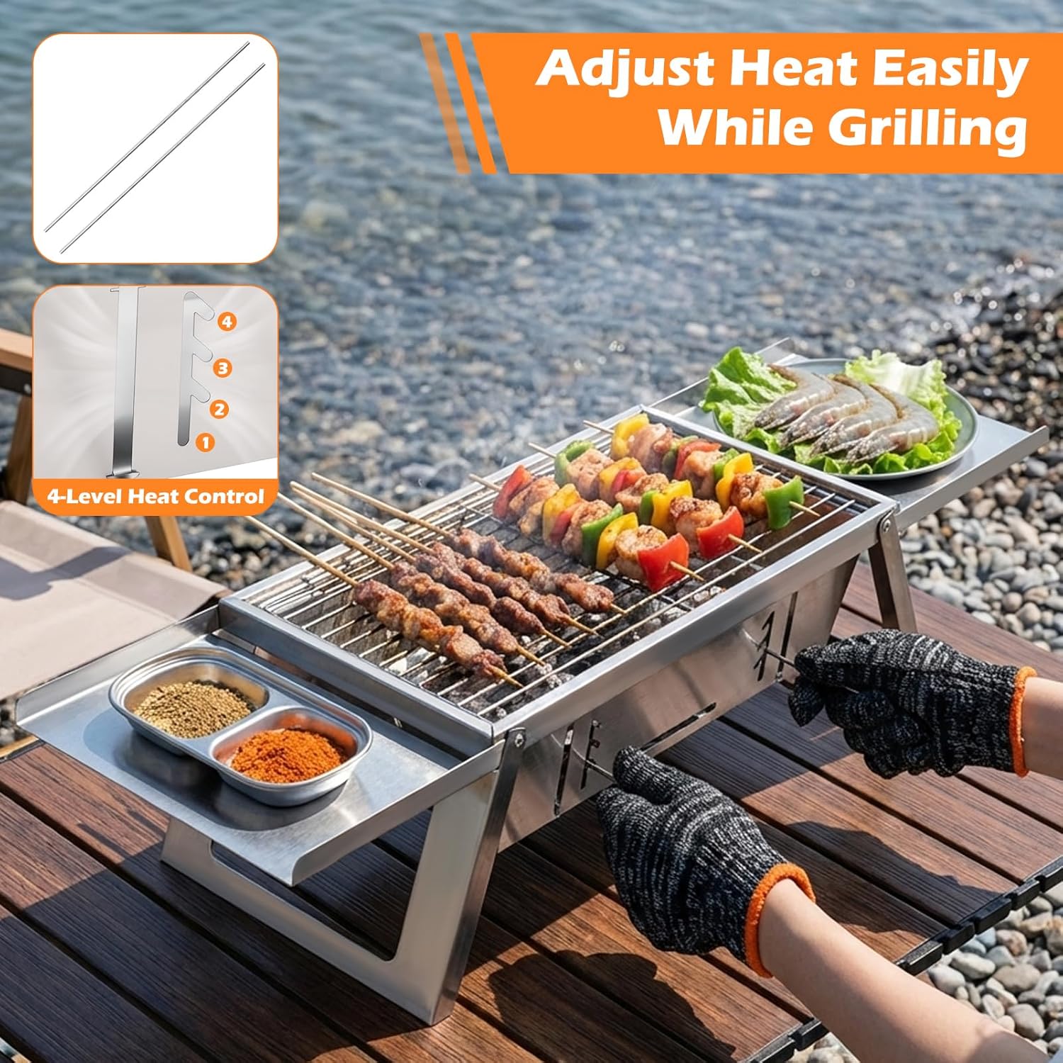 Kleiner Tragbarer Camping Holzkohlegrill, Mini tischgrill holzkohle mit 4-stufiger Hitzeverstellung, reise Klappgrill für Outdoor, Camping, Garten, picknick, Strand & Party Barbecue