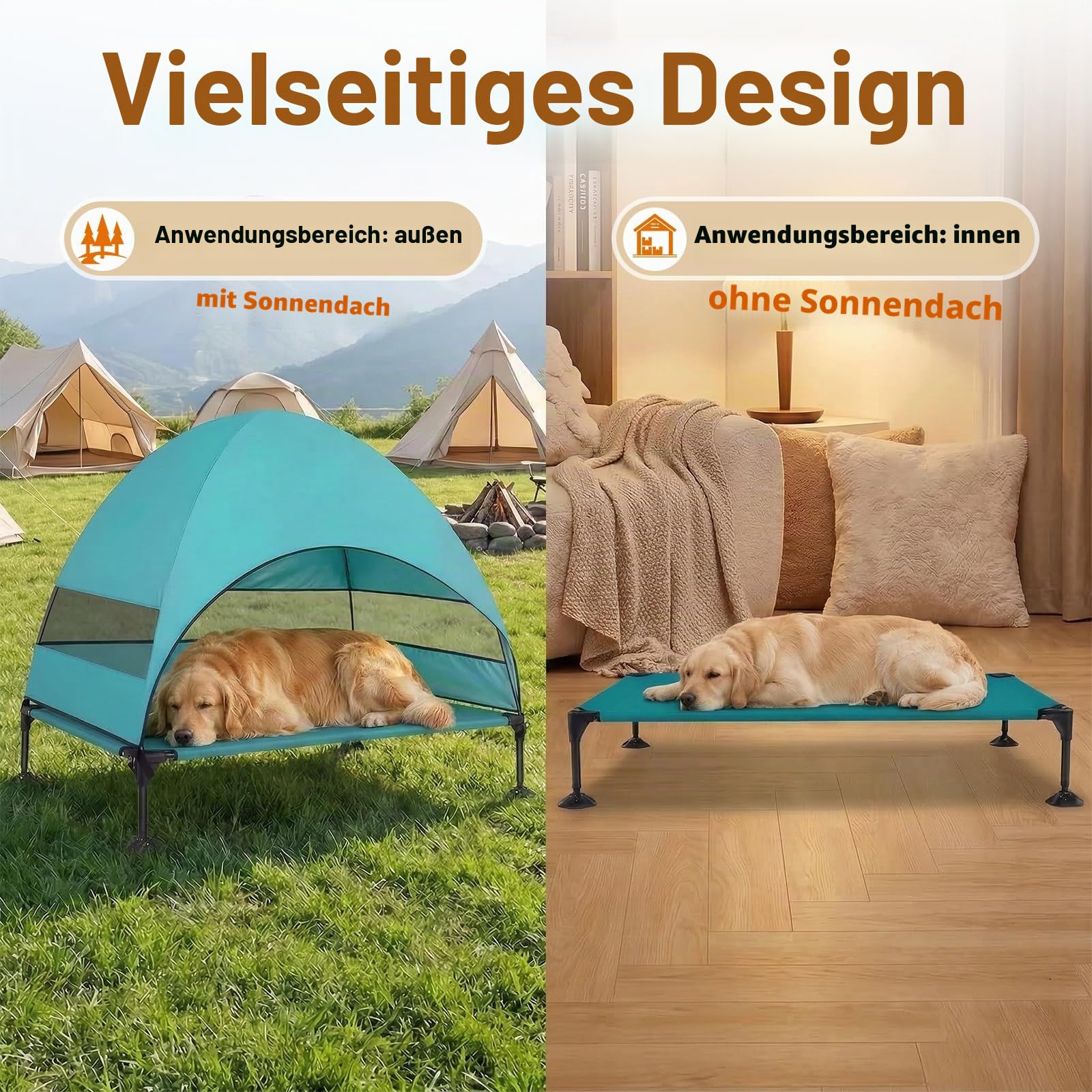 Erhöhtes Hundebett Outdoor mit UV-beständiges Dach，Hundeliege Klappbar mit Anti-Rutsch-Füßen, Hundezelt Outdoor mit Großem Schatten, Kühlendes ErhöHtes Hunde Bett für Camping, Garten & Pool (Grau, L)