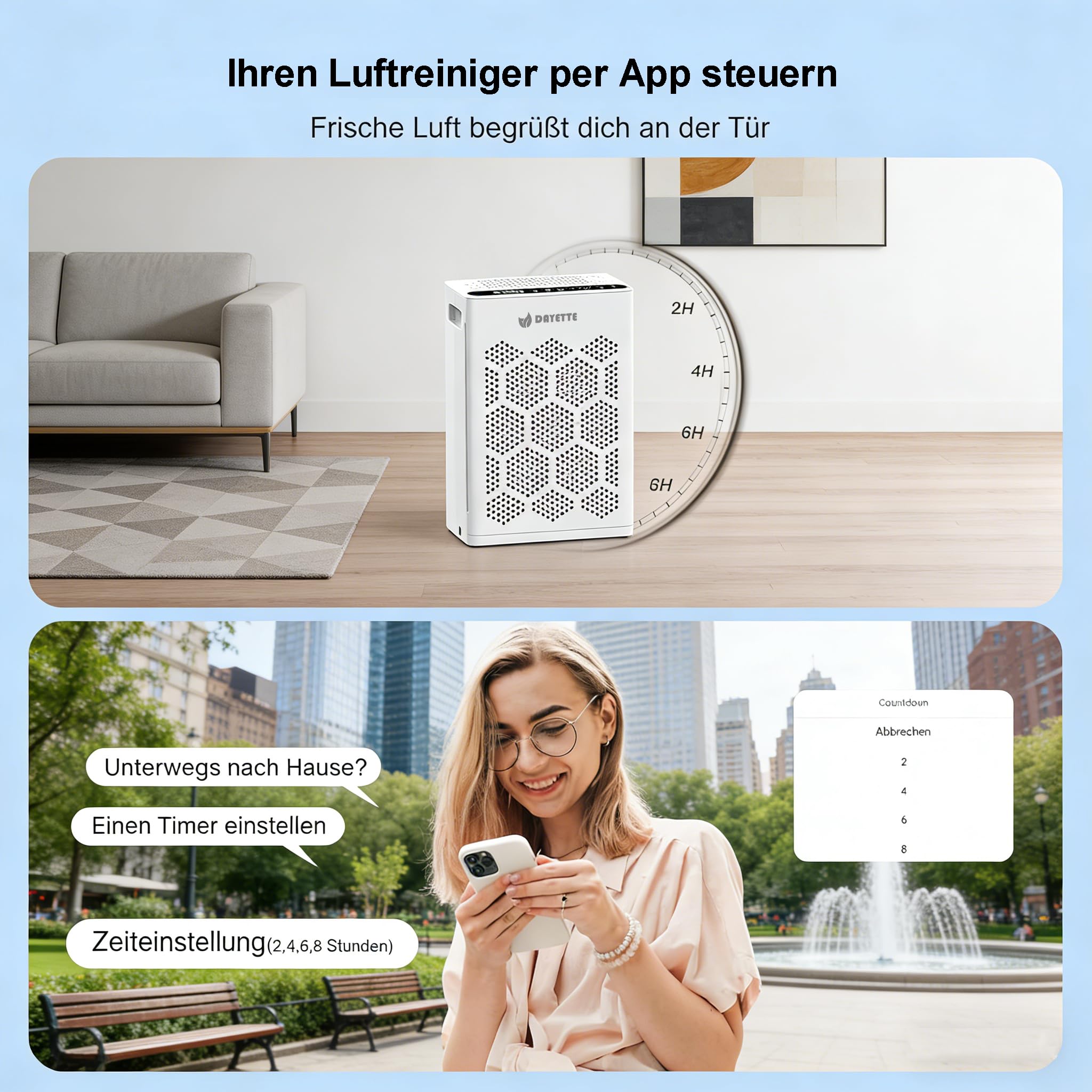Luftreiniger Allergiker für Wohnung, HEPA H14 Filter mit waschbarem Vorfilter gegen Zigarettenrauch, Schimmel und Gerüche, CADR 300m³/h, App- und Alexa-Steuerung