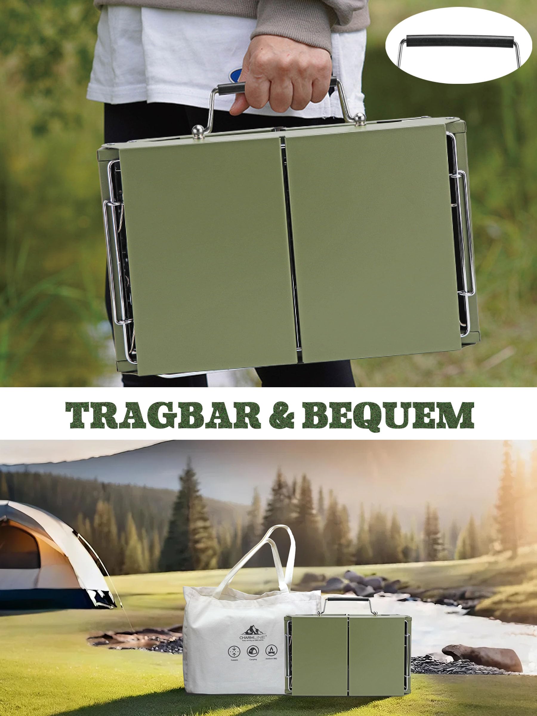 Tragbarer Holzkohlegrill, Klappbarer Campinggrill 35 x 23 cm für 1–3 Personen, Mini BBQ Grill für Balkon, Garten, Camping, Picknick und Strand