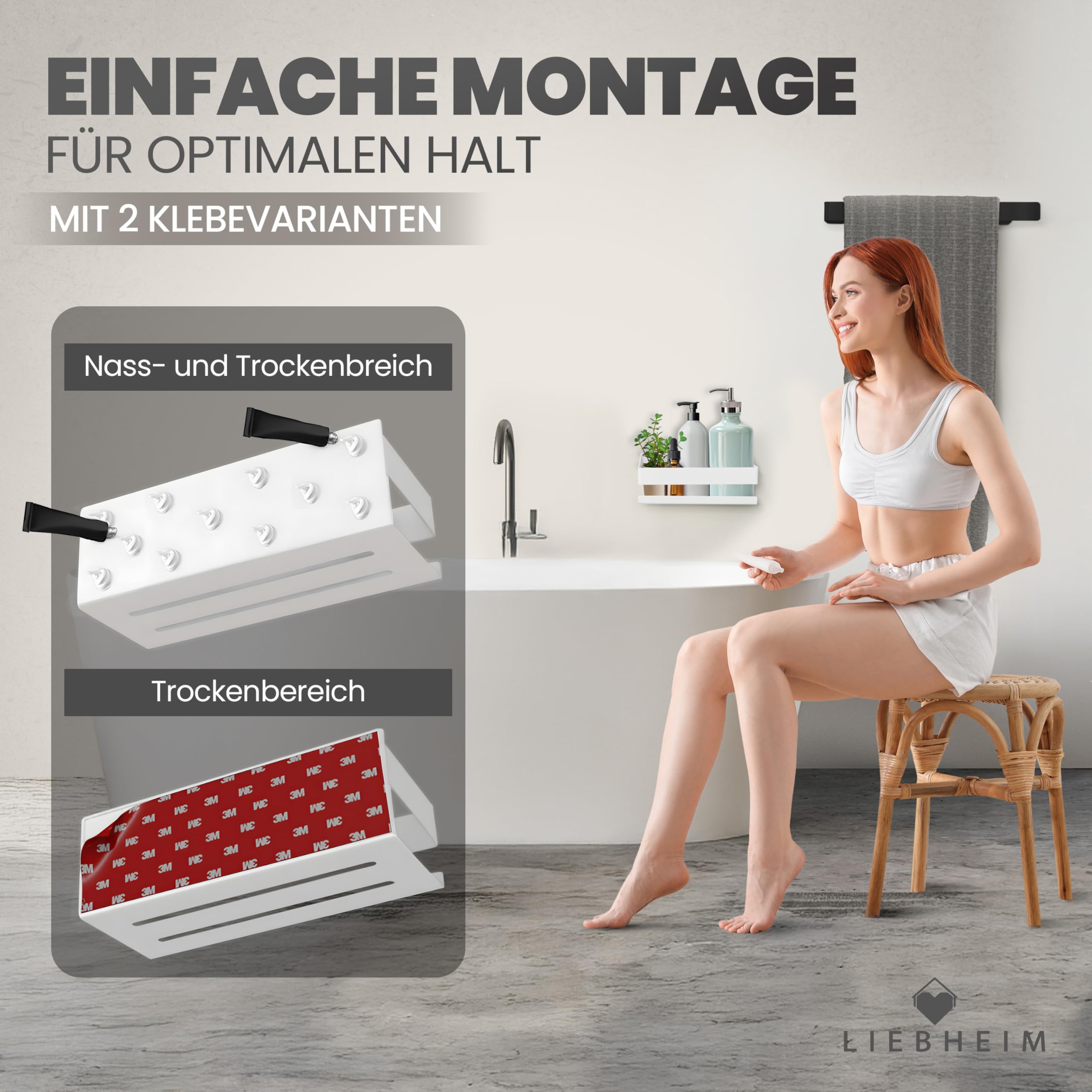 Duschablage Ohne Bohren - Badregal - Duschkorb - Bad Organizer | Massiv - silber gebürstet - 22 cm x 9 cm - 2 Klebevarianten für Nass- und Trockenbereich