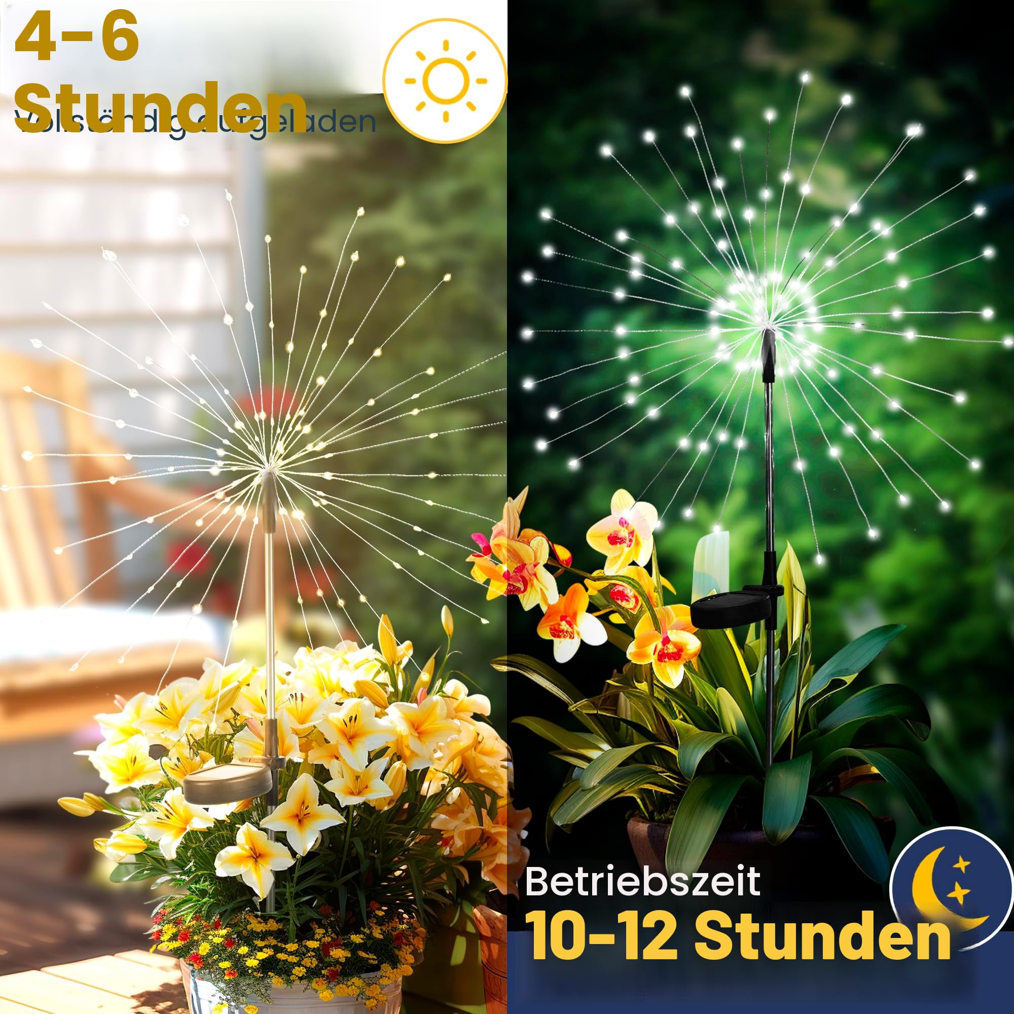 Gartendeko Solarleuchten für Außen,4 Stück 120 LED Feuerwerk Solarleuchten, Wetterfest Pusteblume Solarlampen für Balkon Terrasse Blumenkästen Hof Deko
