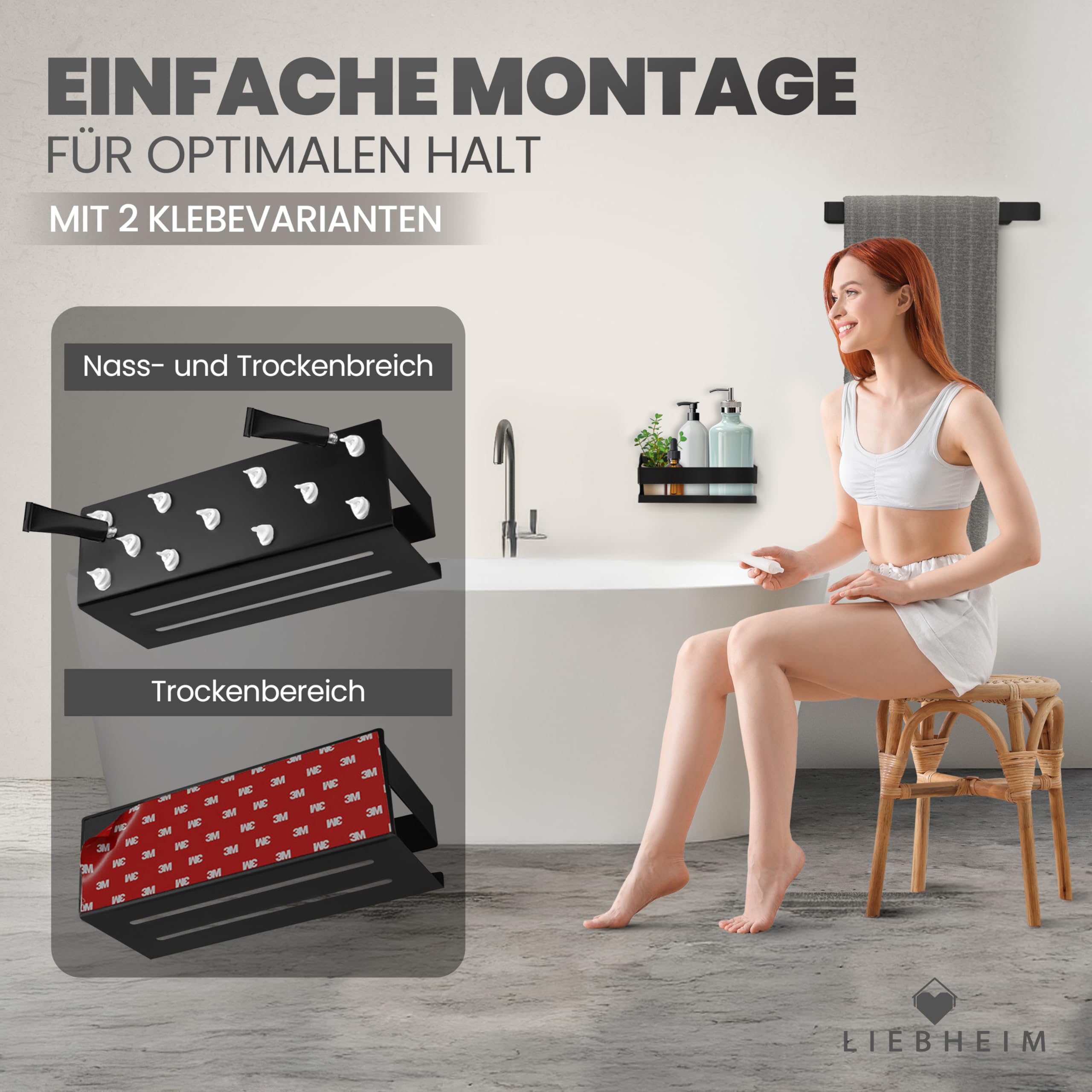 Duschablage Ohne Bohren - Badregal - Duschkorb - Bad Organizer | Massiv - silber gebürstet - 22 cm x 9 cm - 2 Klebevarianten für Nass- und Trockenbereich