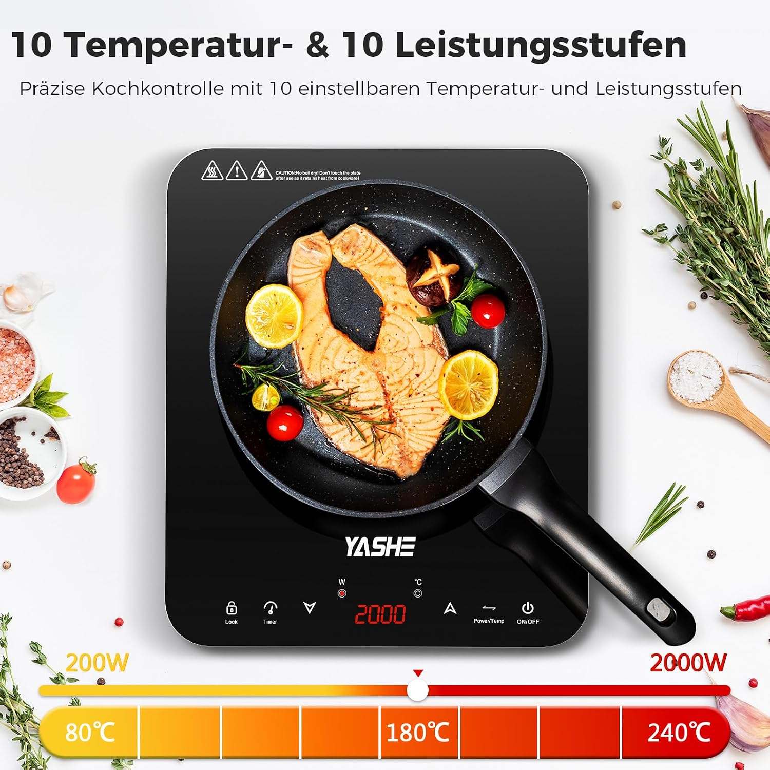 Induktionskochfeld – Einzel Induktionskochplatte, 10-Leistungseinstellung und 10-Temperaturstufen, 2000W Induktionskochfeld 1 Platte, 4-Stunden-Timer, Sicherheitsschloss, Mobil