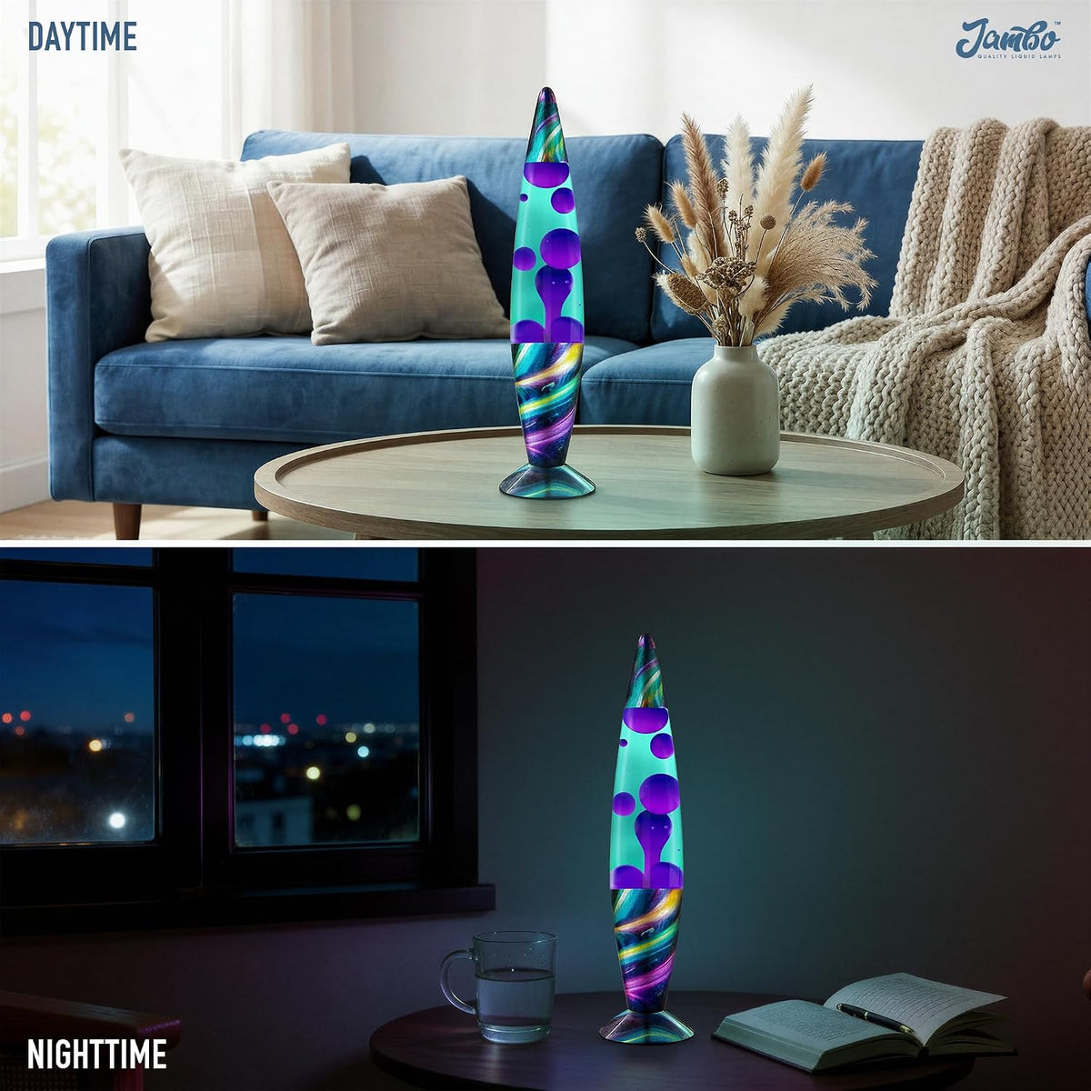 Jambo 16" Wunderschöne Lampe – Blaugrün mit violettem Wachs – Neon-Dämmerung, entspannendes flüssiges Licht, Nachtlicht, Heimdekoration, Wohnzimmer, Büro, Schlafzimmer, Teenager, Kinder, Magma Motion