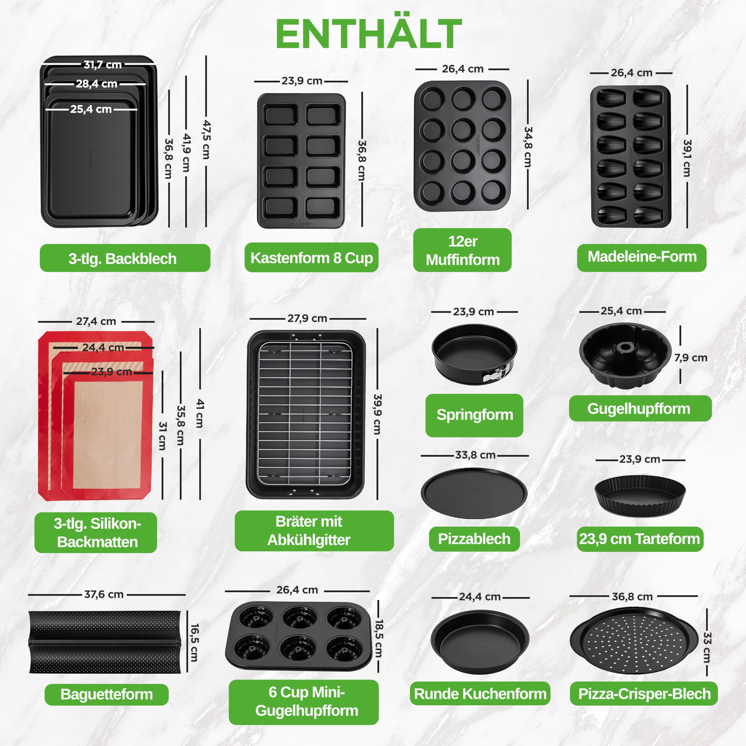 Töpfe & Pfannen Set, 21-teiliges Anti-Stick-Kochen und Backset mit Muffinform, Brot & Pizza Tray, Utensils, für Gas, Elektrik & Keramik, für moderne Haushalte und Hobbybäcker, Schwarz