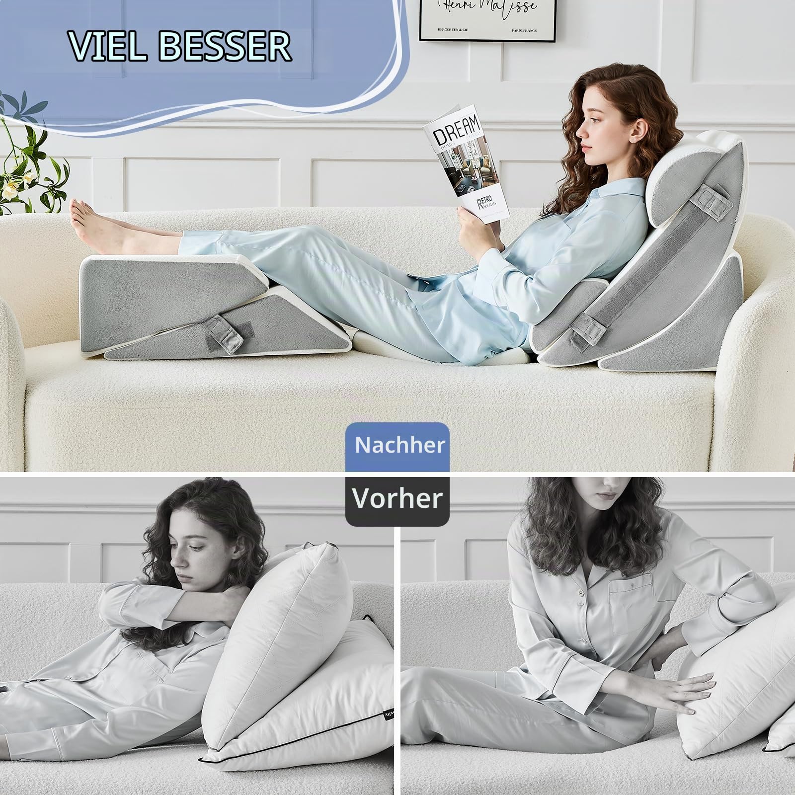 9PCS Orthopädische Bett Keil Kissen Set,Post Chirurgie Schaum Kissen für Körper, Rücken und Beine Schmerzlinderung,Justierbare Stützkissen mit Säure Reflux Bed Wedge Memory Foam Durchgehend dunkelgrau