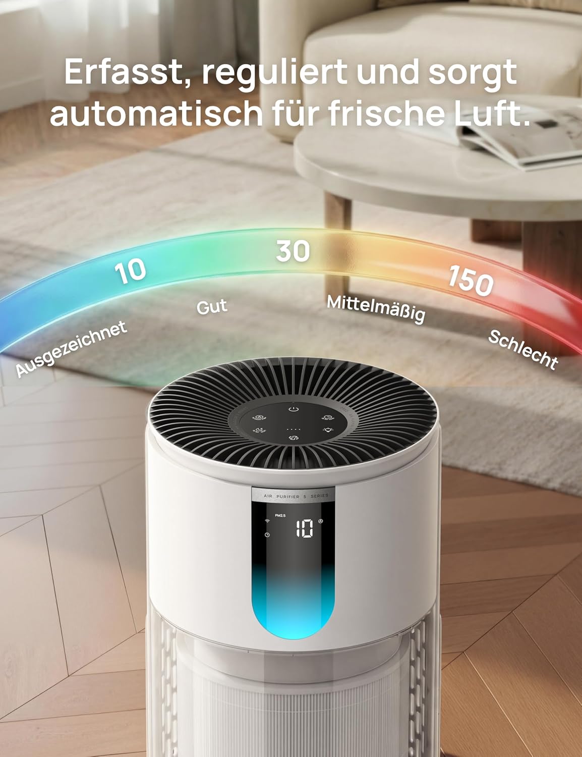 Luftreiniger für Schlafzimmer bis 109 m², gegen Gerüche, Pollen & Rauch, AHAM-verifiziert, 3-in-1 HEPA-Filter, PM2,5-Sensor, Luftqualitätsmonitor, 18 dB, WLAN, Alexa