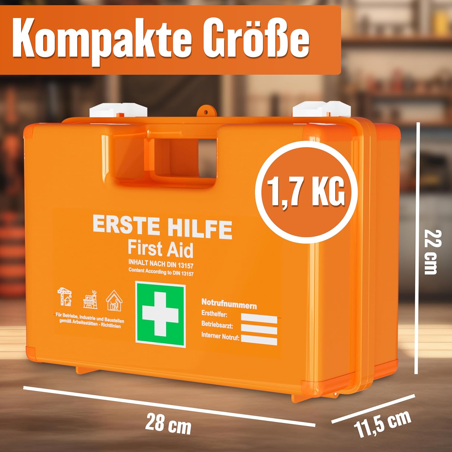Erste-Hilfe-Box nach DIN 13157:2021 Inklusive Wandmontage & Aufkleber, universeller Erste-Hilfe-Fall für Unternehmen, Haushalte oder Catering - Büro-Erste-Hilfe-Box gefüllt, Sanitärbox