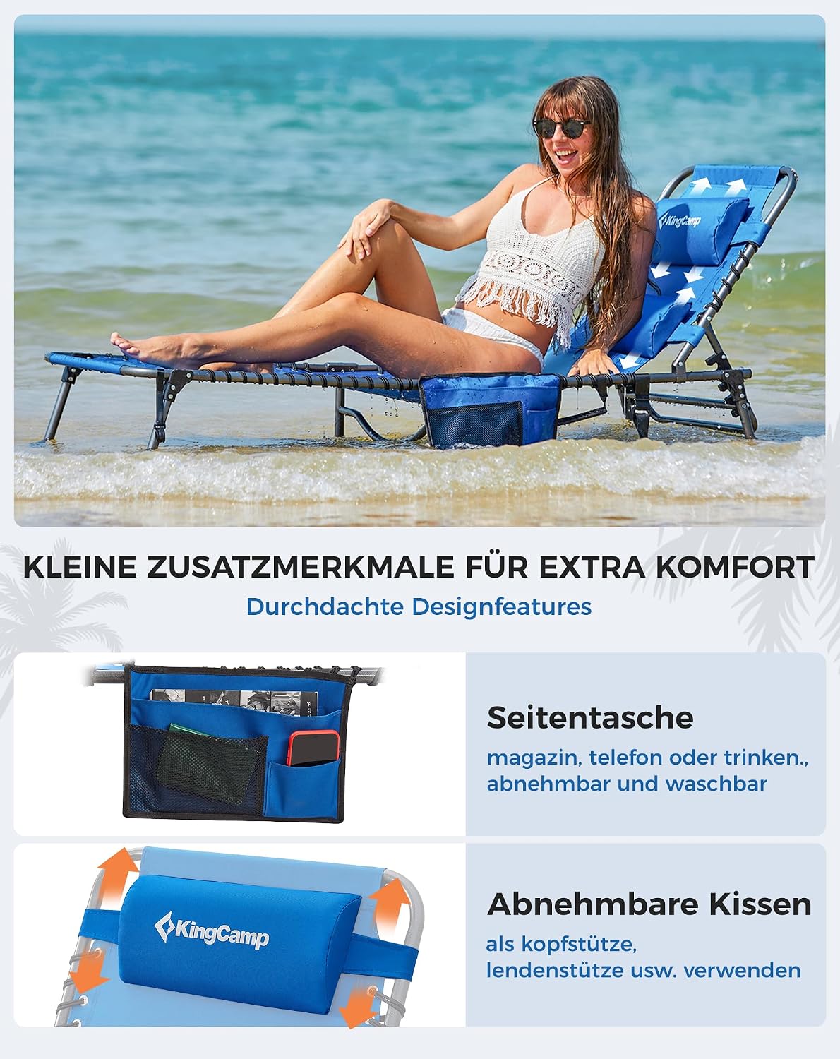 Sonnenliege Klappbar 5-Verstellbare, bis 180 kg, 2er Set, Blau | Gartenliege Klappbar, mit Kopfstütze & Seitentasche, Sonnenliege Wetterfest, Strandliege für Garten Terrasse Pool Camping