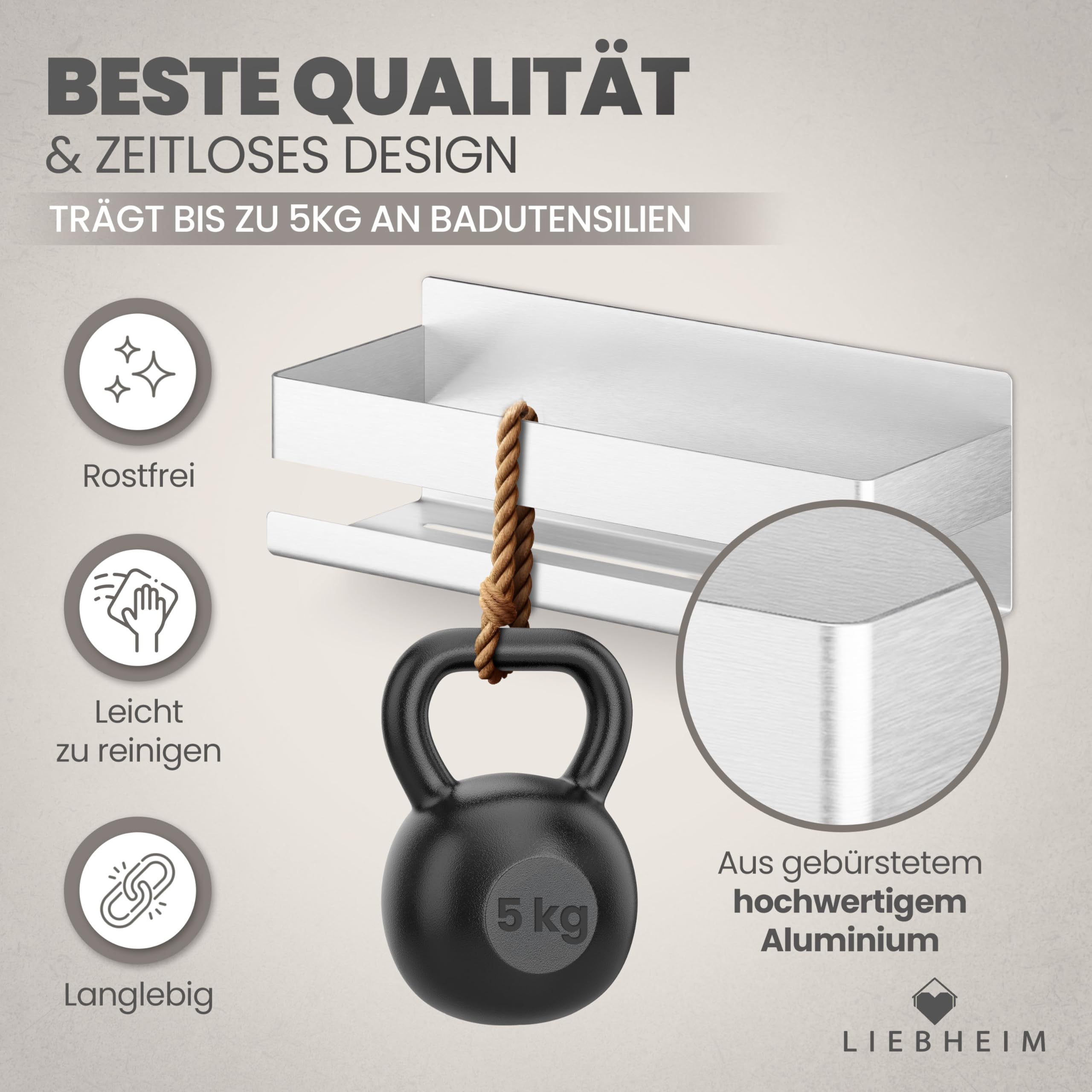 Duschablage Ohne Bohren - Badregal - Duschkorb - Bad Organizer | Massiv - silber gebürstet - 22 cm x 9 cm - 2 Klebevarianten für Nass- und Trockenbereich