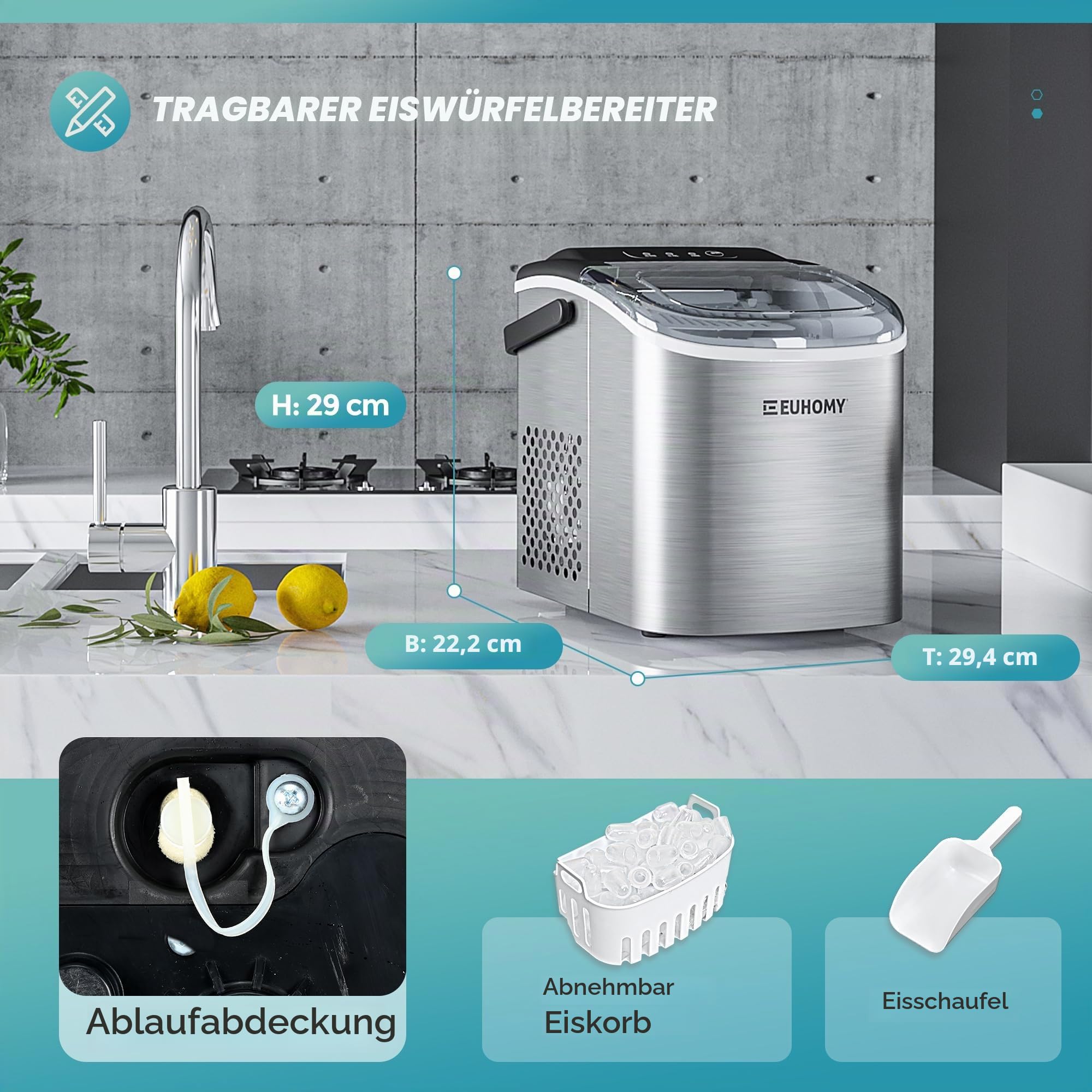 Eiswürfelmaschine Klein, 9 Eiswürfel in 6 Minuten, 12 kg/24H, Eiswürfelmaschine Edelstahl mit Tragbarem Griff, Selbstreinigender Kompakter Eiswürfelmaschinen für Zuhause/Küche/Büro/Bar