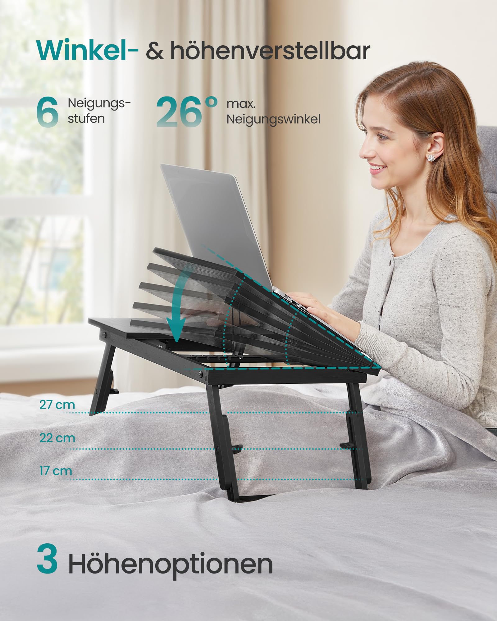 Laptoptisch für Bett, Laptopständer, Winkel- und höhenverstellbar, klappbare Beine, für Laptops bis 15,6 Zoll, Arbeiten, Lesen, Bambusbeine, Schublade, 55,5 x 34,9 cm, vintagebraun LLD105B01