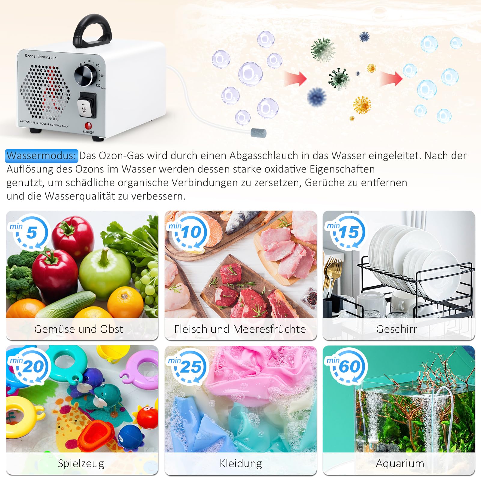 2 In 1 Ozongenerator 60000mg/H, Ozongerät Ozon Luftreiniger mit Wasser und Luft Modus, O3 Geruchsneutralisierer Ozone Generator mit 120 Min Timer, Ozonator für Auto Wohnung Obst Gemüse