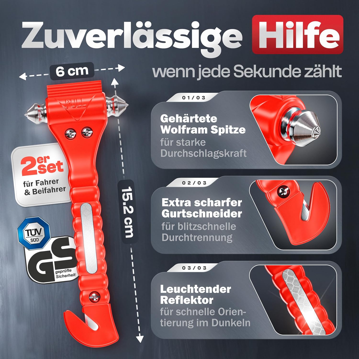 Nothammer Auto mit Gurtschneider TÜV GS Zertifiziert [2er Set] - Notfallhammer mit gehärteten Spitzen und Reflektoren - Notfall Hammer, Sicherheitshammer mit Gurtmesser