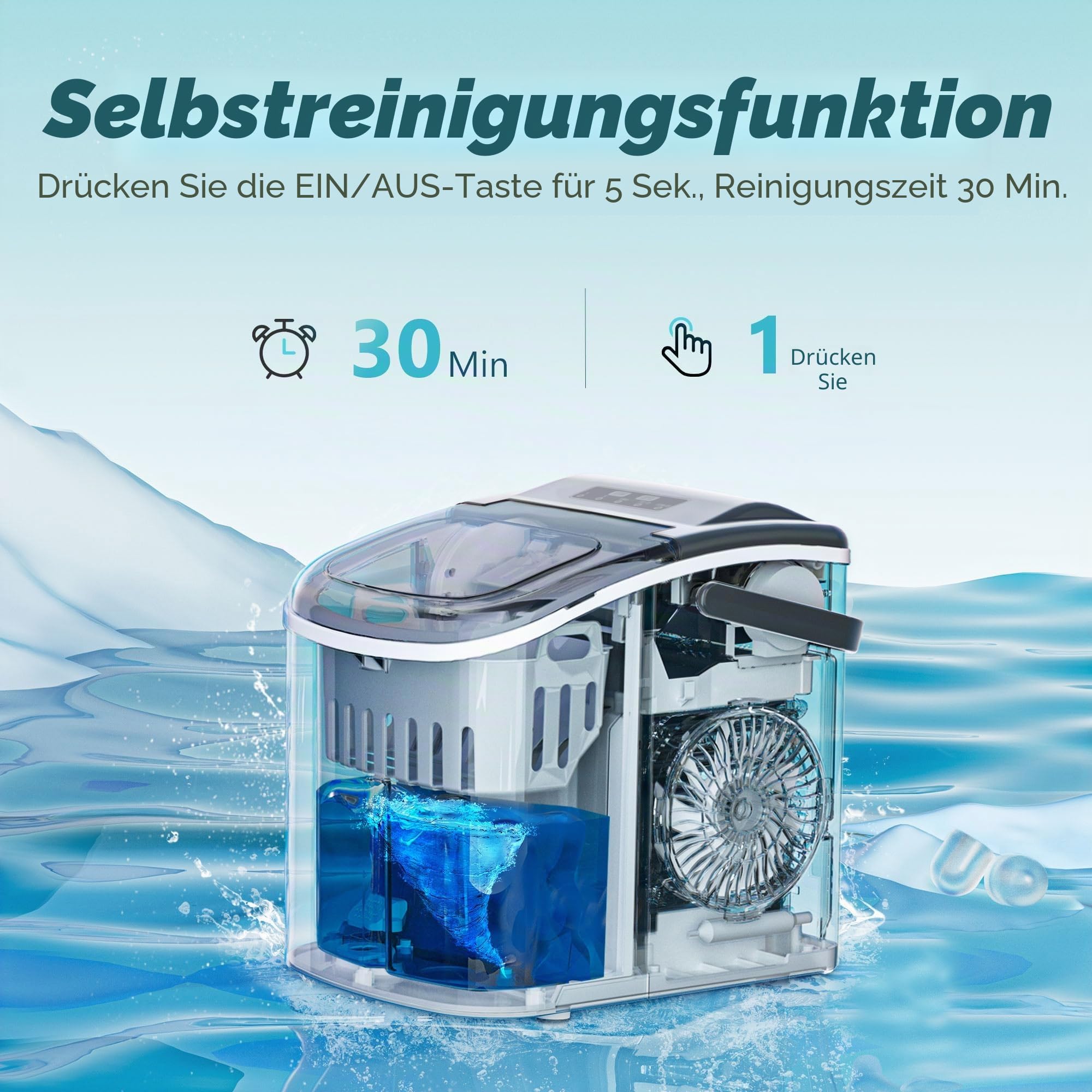 Eiswürfelmaschine Klein, 9 Eiswürfel in 6 Minuten, 12 kg/24H, Eiswürfelmaschine Edelstahl mit Tragbarem Griff, Selbstreinigender Kompakter Eiswürfelmaschinen für Zuhause/Küche/Büro/Bar