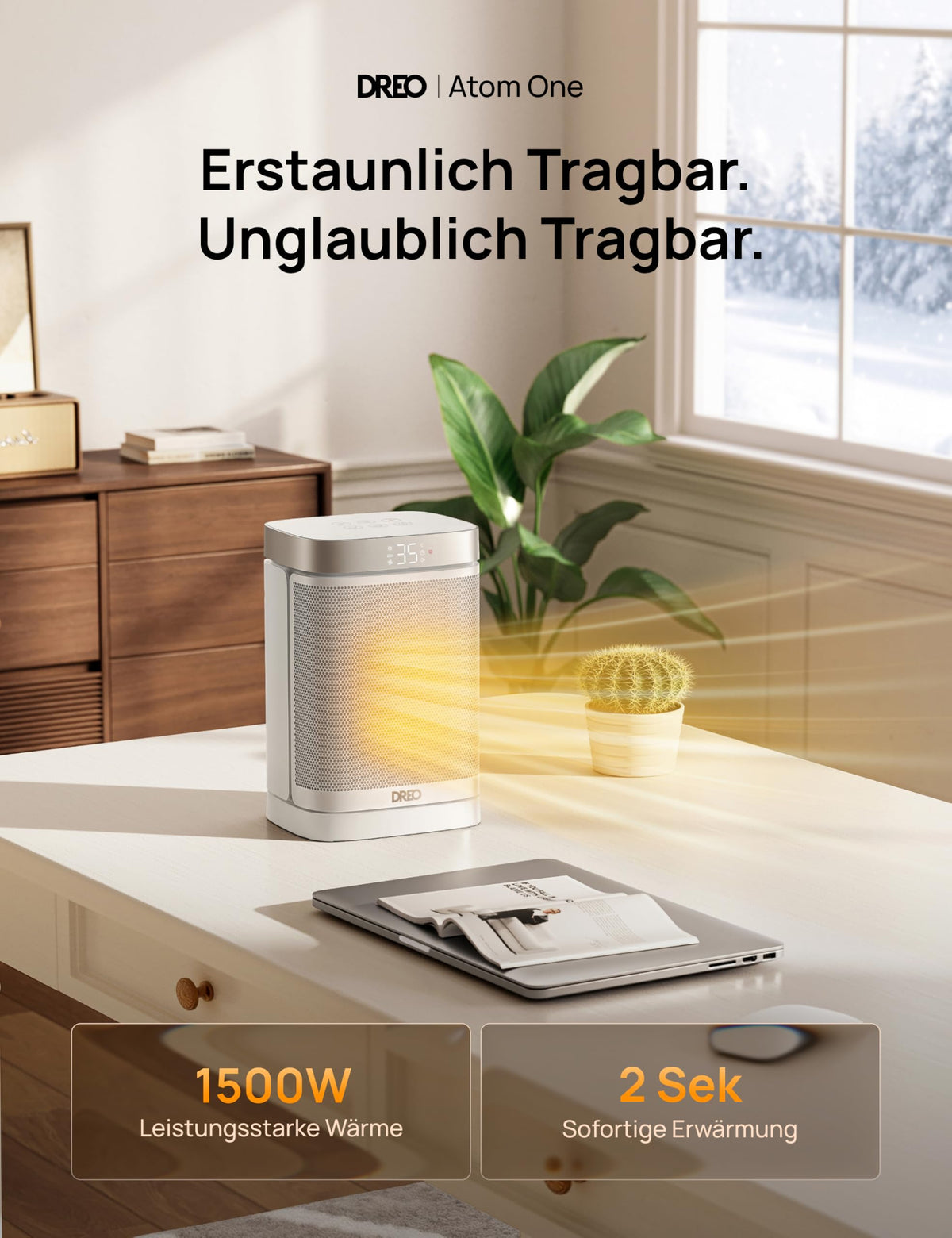 Heizlüfter Energiesparend Klein, 1500W Heizung Elektrisch mit Thermostat, 70° Oszillierend Elektroheizung, PTC Keramik Heizlüfter Leise, ECO-Modus, 12-Std-Timer, Überhitzungs- & Kippschutz