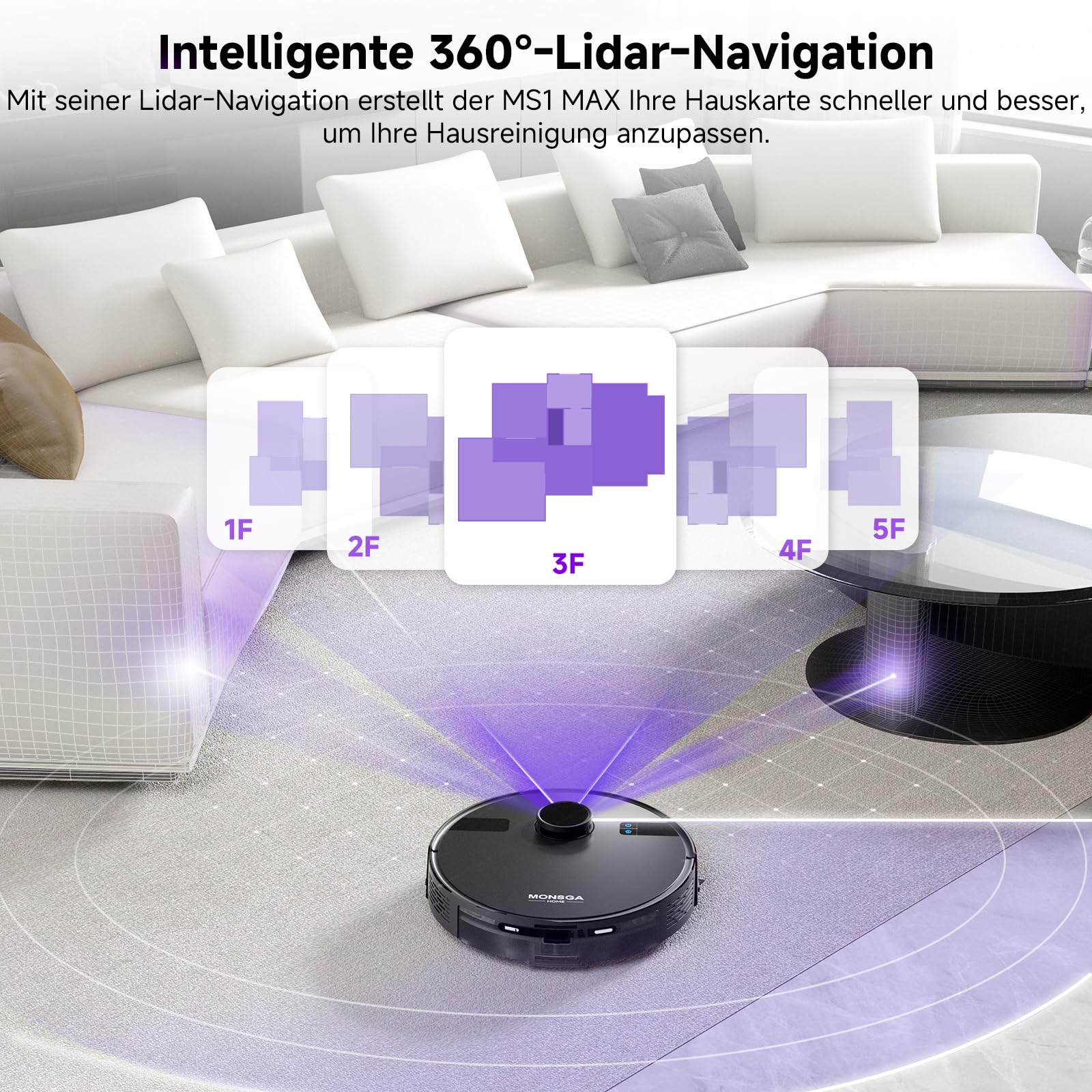 Saugroboter mit Wischfunktion, 3.5L Staubsauger Roboter mit Absaugstation, 5000Pa Saugkraft, 180Min Laufzeit, LiDAR Navigation, Starke Saugkraft ideal für Teppich und Tierhaare, APP Steuerung
