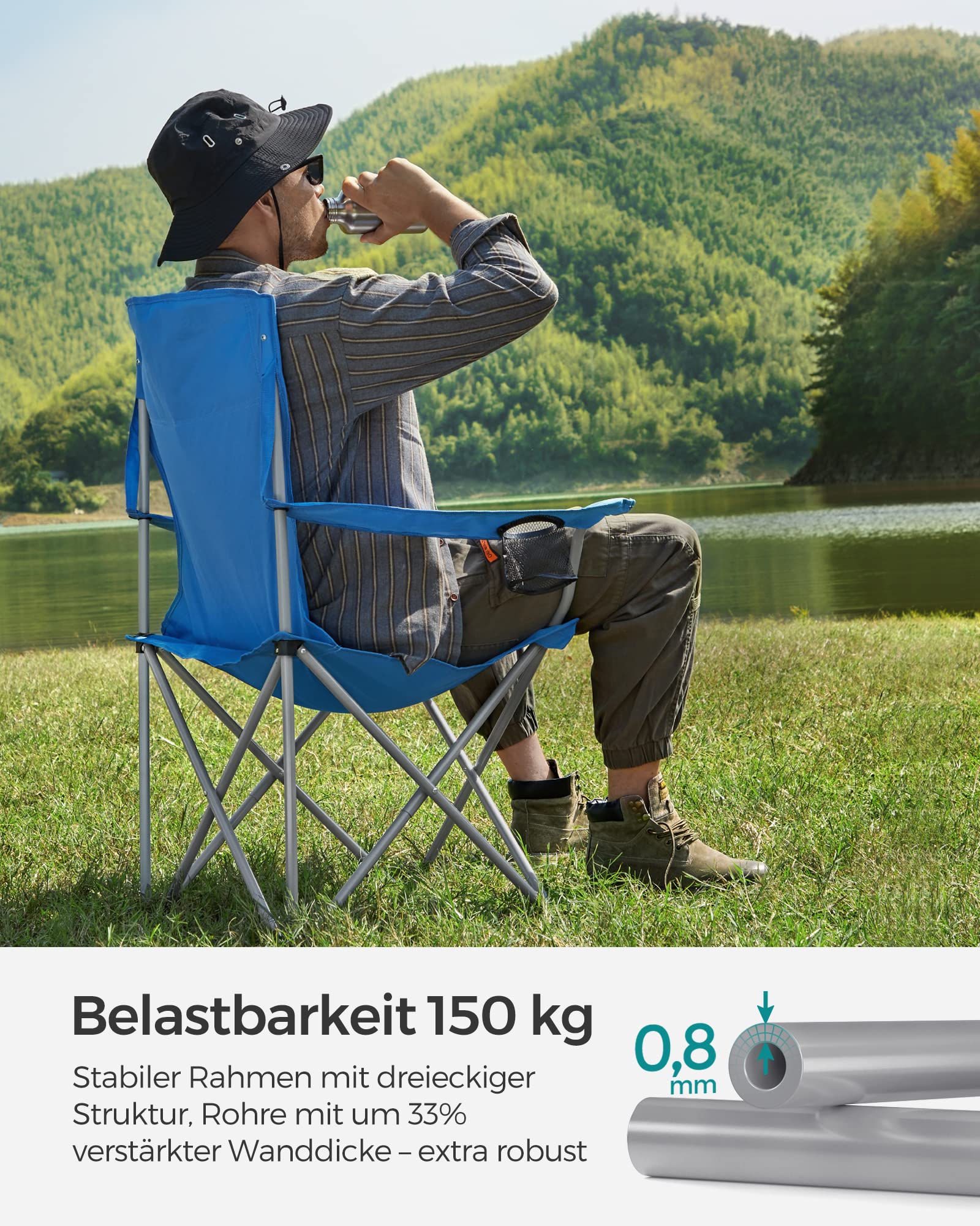 2er Set Klappstuhl Campingstuhl Bequeme Schwerlaststruktur bis 150kg belastbar mit Getränkehalter Outdoor Stuhl