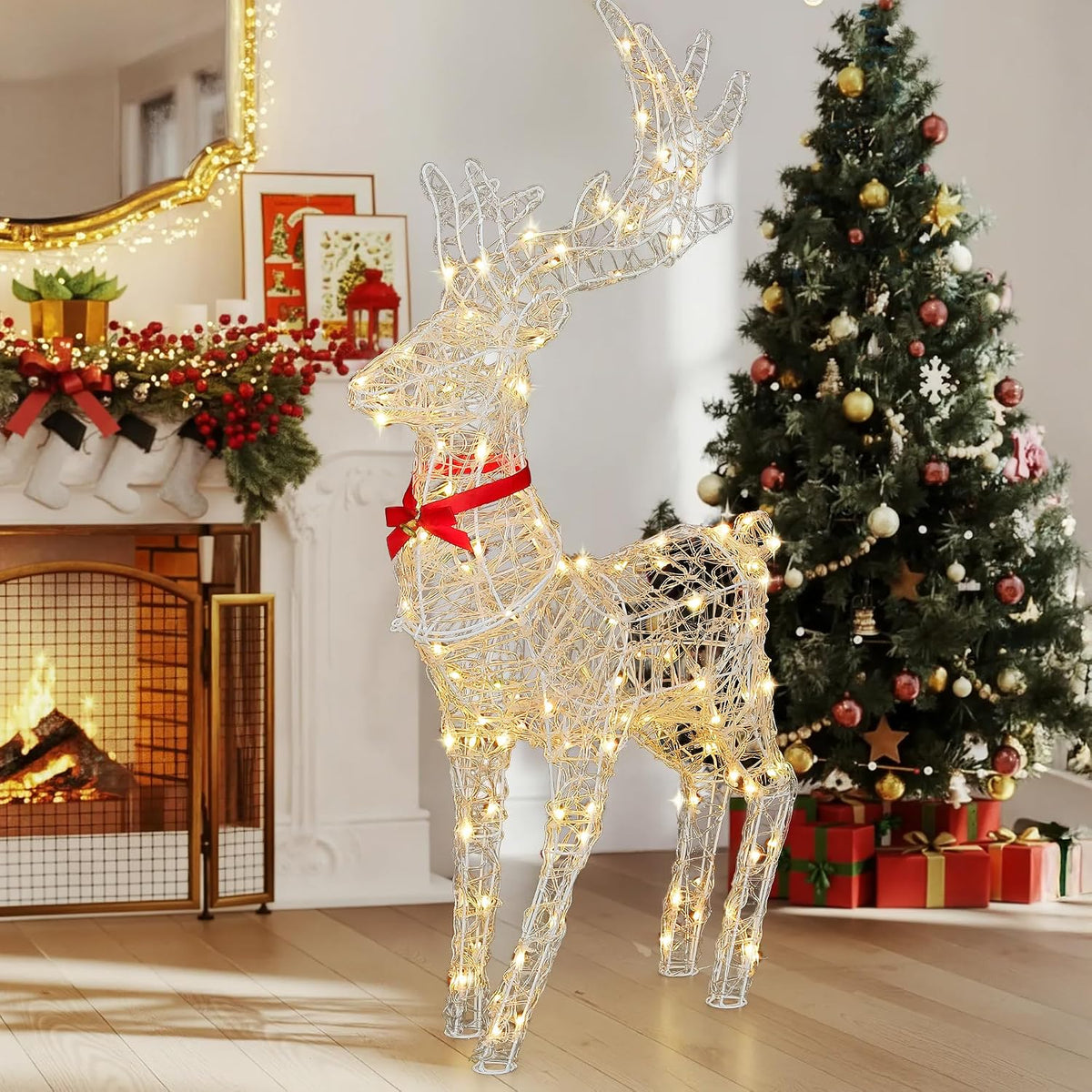 LED Rentier, Beleuchtet Weihnachtshirsch mit 120 RGB-LEDs und Fernbedienung, 89 Modi, Weihnachtsdekoration mit abnehmbarem Geweih und Halsteil für Haus, Hof und Garten (62x19x118cm)