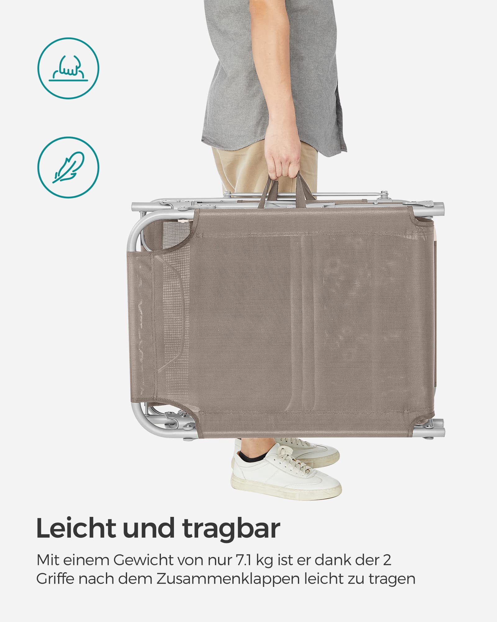 Sonnenliege, klappbarer Liegestuhl, 193 x 53 x 29 cm, trägt bis zu 150 kg, Sonnenschutz, Kopfkissen, verstellbare Rückenlehne, für Garten, Pool, Terrasse