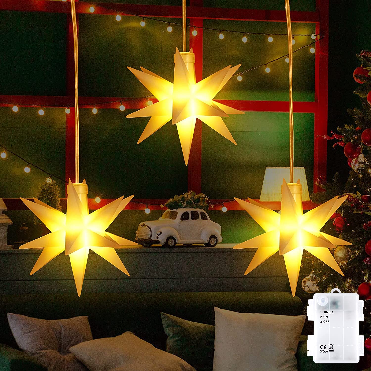 Set von 6 LED Weihnachtsstern beleuchtet Outdoor Indoor LED Star Batterie Weihnachtsdekoration 3D Leuchtender Stern Weihnachtsfenster Weiß