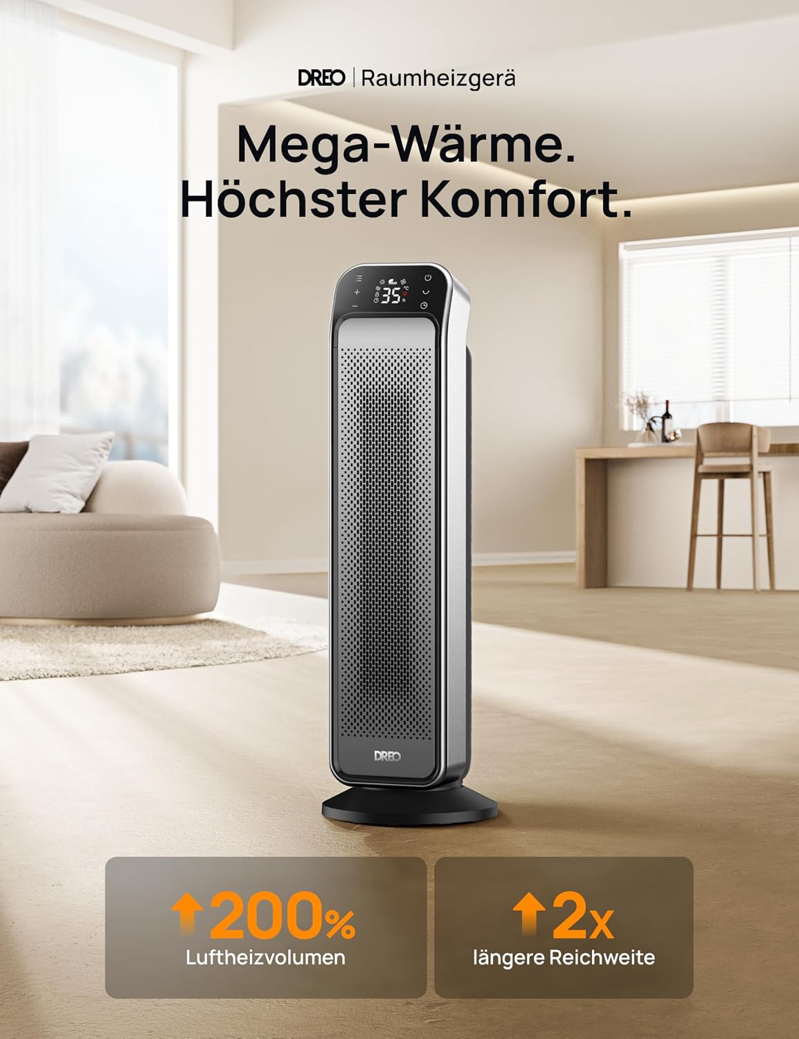 Heizlüfter Energiesparend Leise, 25 Zoll Keramik Heizung Elektrisch mit Fernbedienung und Thermostat, 2000W Elektroheizung, 3 Modus, 12-Std-Timer, Überhitzungs-Kippschutz, Solaris Max