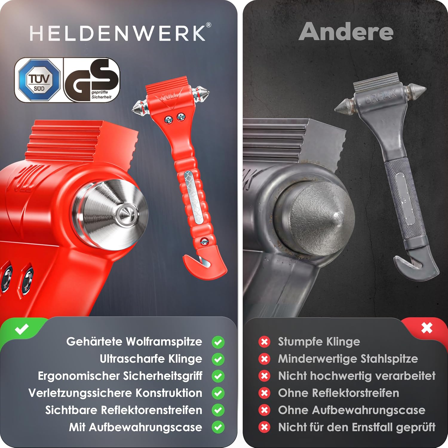 Nothammer Auto mit Gurtschneider TÜV GS Zertifiziert [2er Set] - Notfallhammer mit gehärteten Spitzen und Reflektoren - Notfall Hammer, Sicherheitshammer mit Gurtmesser