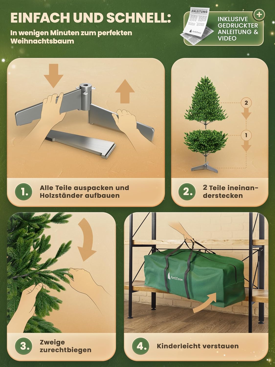 Künstlicher Weihnachtsbaum – 100 % Spritzguss Nordfichte mit LED | Premium Tannenbaum naturgetreu inkl. FSC-Holzständer & Aufbewahrungstasche