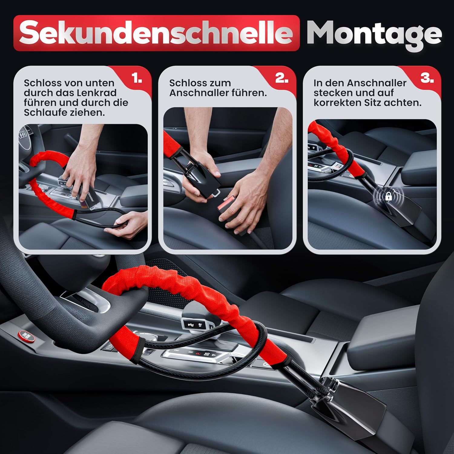 Lenkradkralle für Auto & Wohnmobil aus Metall - Universelle Passform - Lenkradschloss mit dickem Stahlseil - Wegfahrsperre Diebstahlsicherung mit 3 Sicherheitsschlüsseln