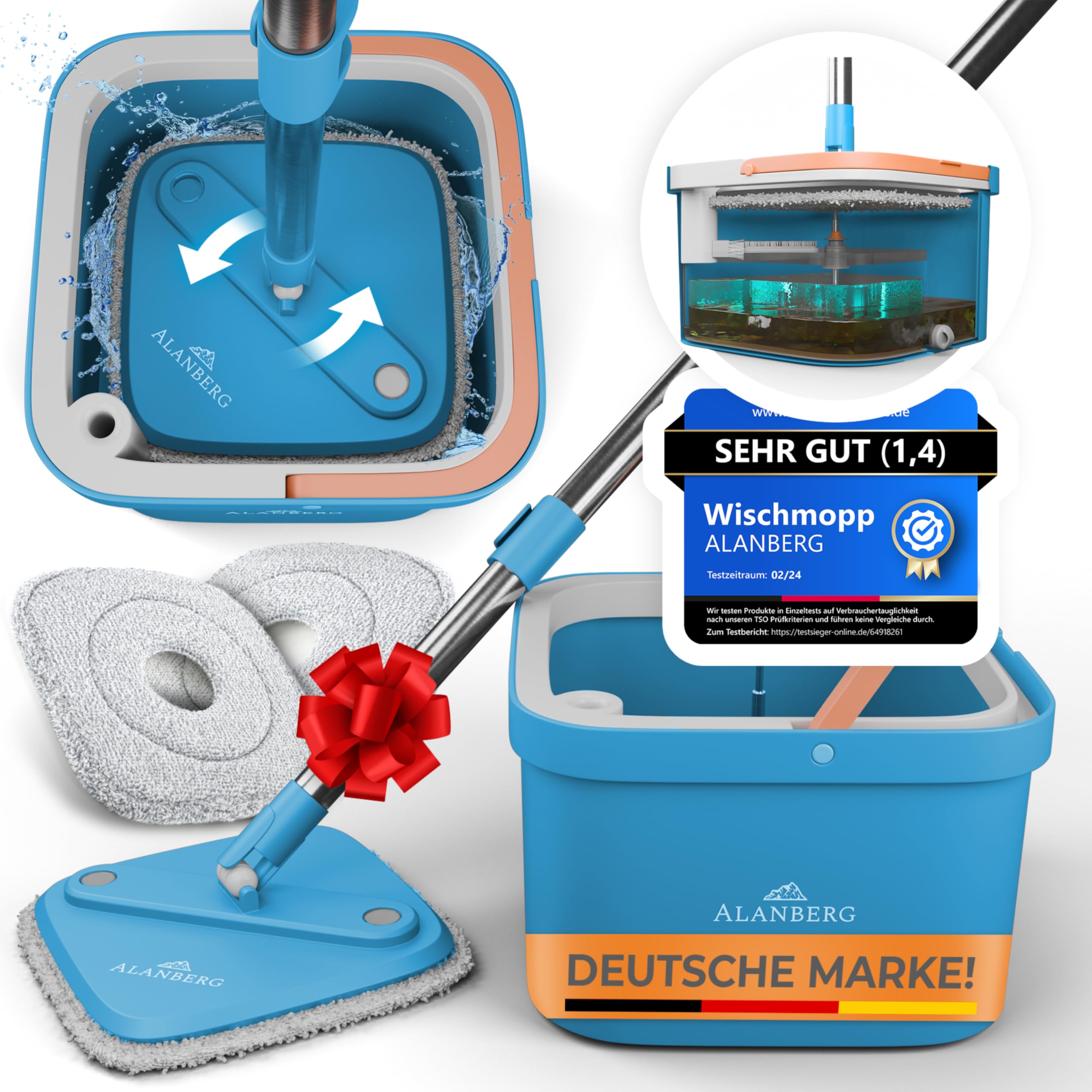 Wischmopp Set mit Eimer, 2-Kammer-System Frisch-/Schmutzwasser Trennung, selbst-auswringend, 160 cm Stiel & 2 Mikrofaser-Pads, für alle Böden, Grau