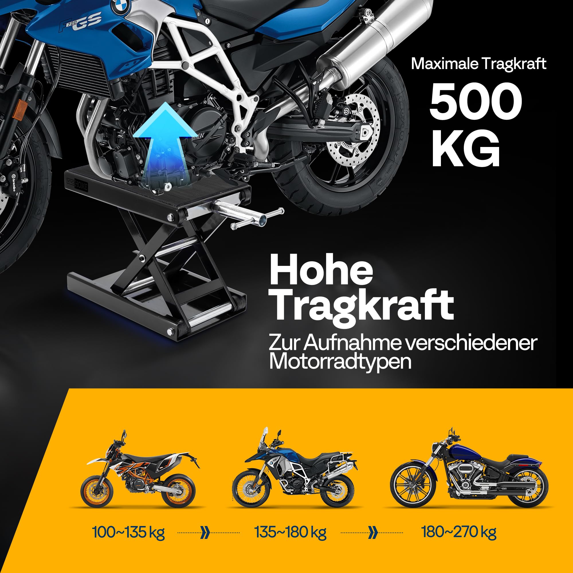 Motorrad Lift 500 kg Stahl-Schereheber mit breitem Deck und Kurbel für Motorräder Off-Road-Fahrzeuge Schmutzfahrräder