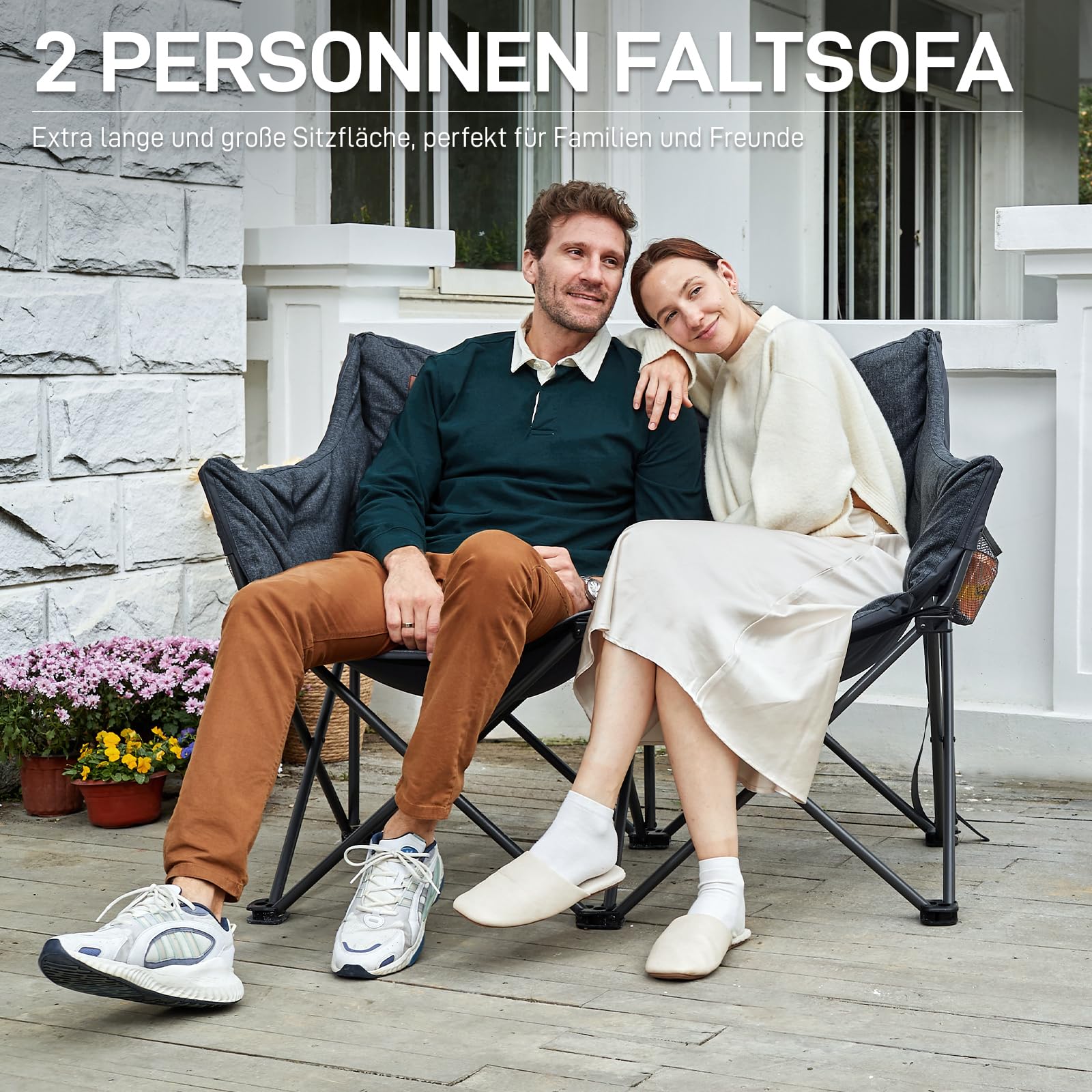Campingstuhl Faltbar 124CM Breit Campingsofa für 2 Personen Faltsofa 320KG Belastbar, Campingcouch Dick Gepolstert Klappstuhl XXL 2 Sitzer Hohe Lehne für Outdoor Garten Balkon Indoor