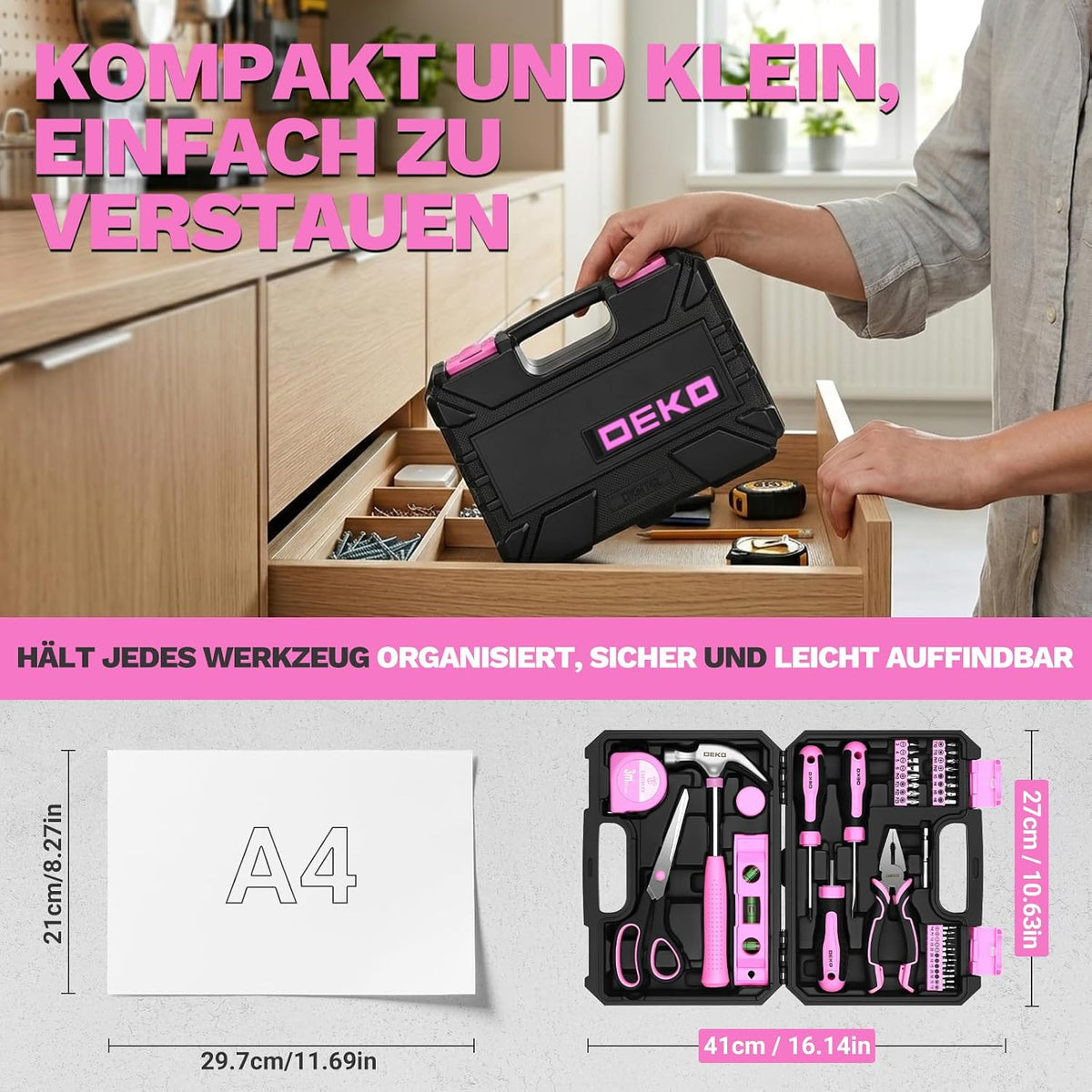 Werkzeugkoffer Werkzeugkasten Werkzeug Koffer Werkzeugset　Werkzeugbox：DEKOPRO　Werkzeugkiste Bestückt　42-tlg.　Universal Komplett mit Werkzeuge Handwerkzeug　－ für Frauen zum Haushalt Werkstatt DIY