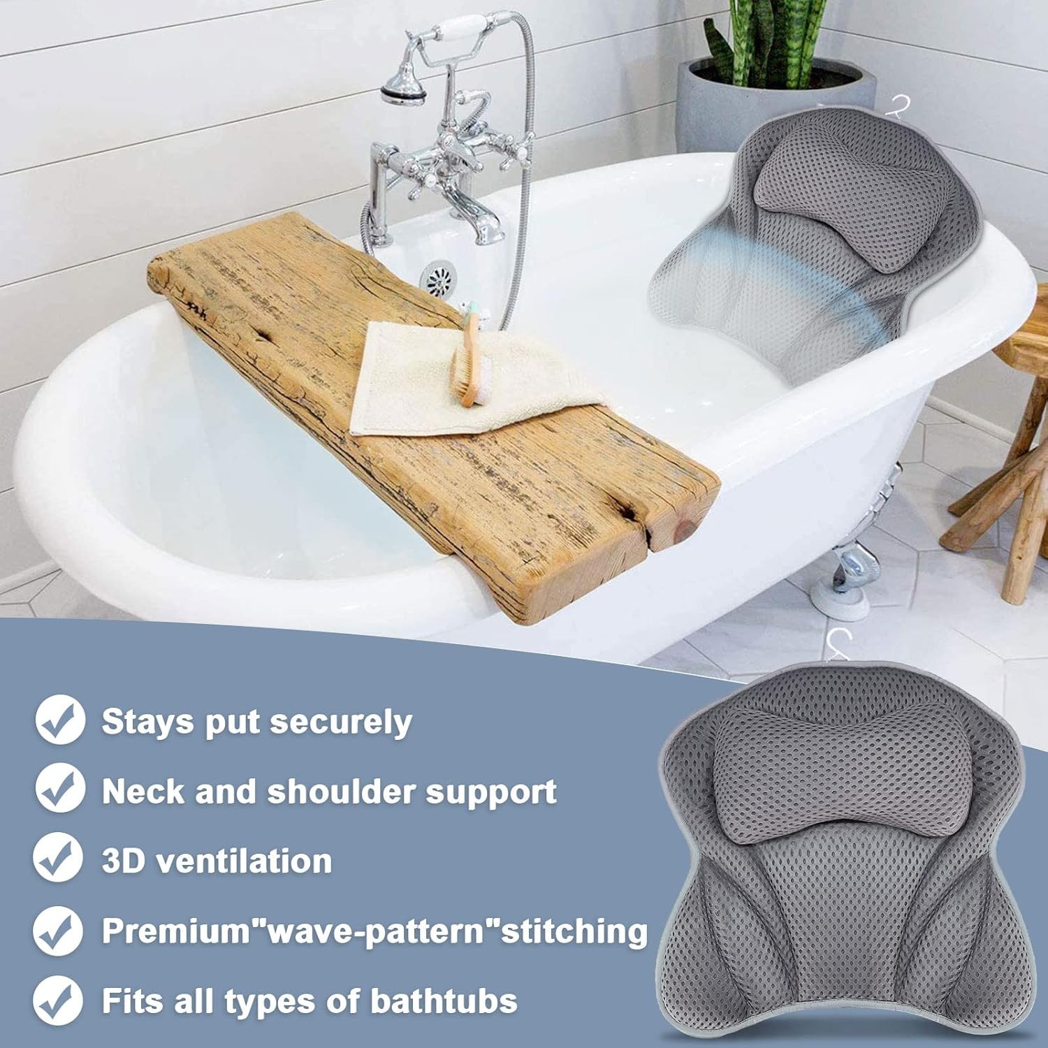 Badekissen, Halskissen für Badewanne, 4D Mesh Halskissen, Badekissen, Komfortbadkissen mit 6 Saugnäpfen für Home Spa und Badewannen, Stützen Kopf, Hals, Schultern, Rücken