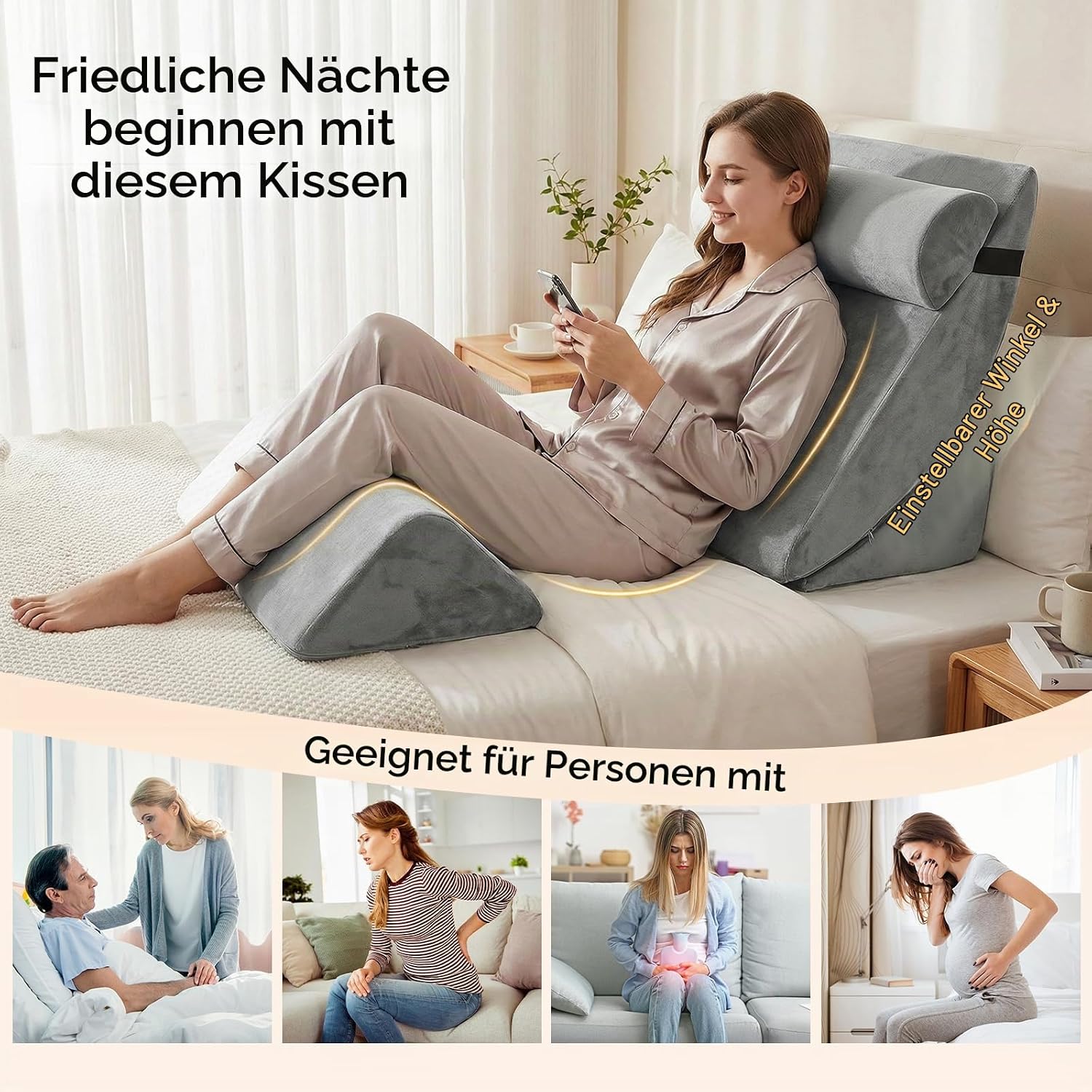 4-teiliges Keilkissen-Set aus Memory-Schaumstoff, Höhenverstellbare Schlaf- und Lesekissen für Sofa und Bett, Waschbare Bezüge in Grau