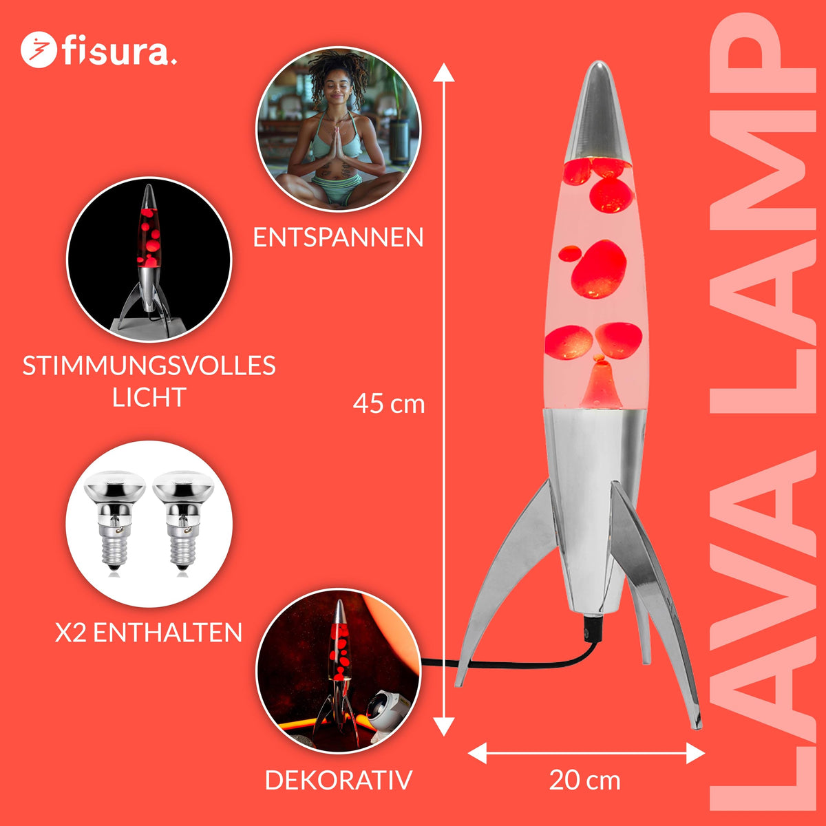 Lavalampe "Rocket" - Retro-Lavalampe mit Ersatzbirne, ideal für Wohnzimmer, Schlafzimmer und Büro. Maße: 20 x 20 x 45 cm.
