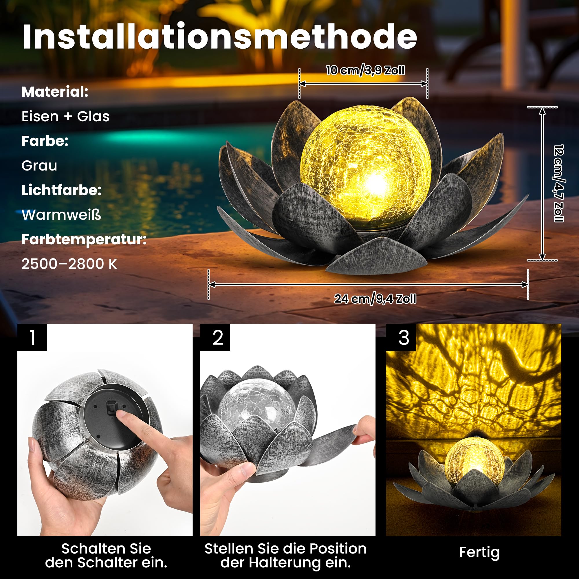 Solarlampen für Außen, Lotus Garten Deko Licht, LED Solarleuchten für Aussen, Wasserdicht Gartenleuchten Solar, Metal, für Terrasse, Garten, Gras, Balkon