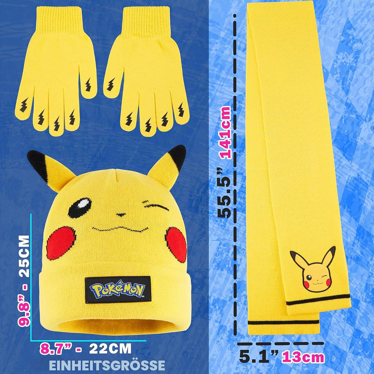 Pokemon Mütze Schal Handschuhe Set Jungen 8–10 Jahre, 3D Pikachu Beanie, Weiches Strick-Winterset, Anime Geschenke für Kinder