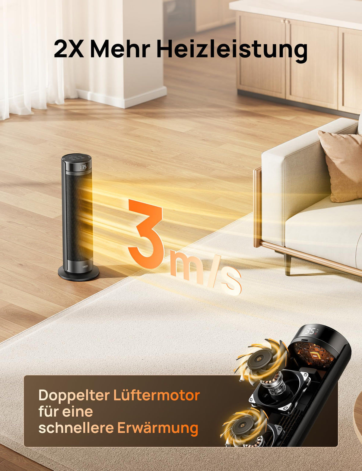 Heizlüfter, 2000W Leiser Elektrischer Heizstrahler fürs Schlafzimmer mit Fernbedienung, 12h Timer, 70° Oszillation, 5 Modi, PTC Keramik mit Thermostat, Heizung für Große Räume, Büro