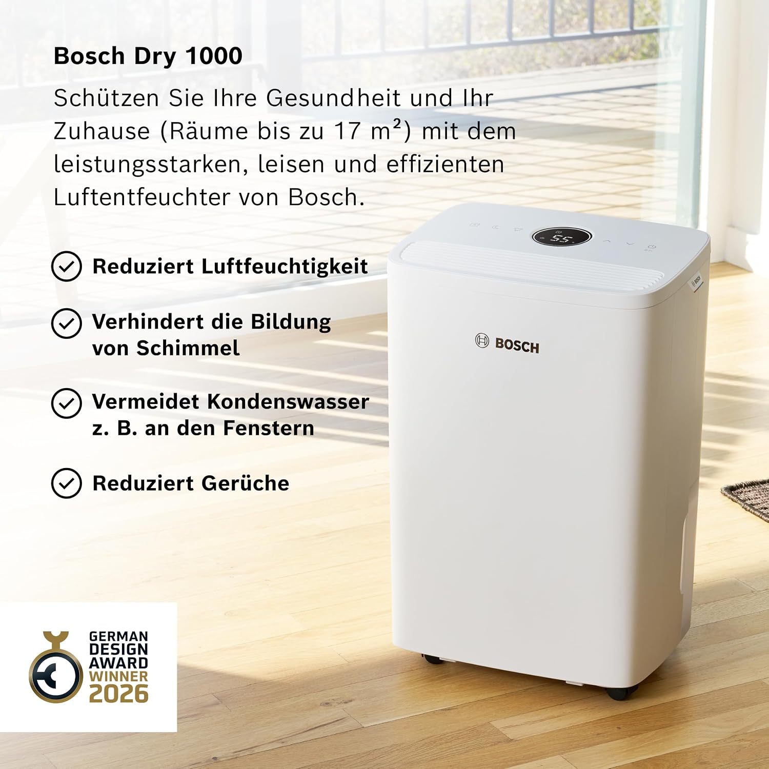 Bosch Dry, Luftentfeuchter, Für Räume bis zu 33 m² | Einfach, Effizient, Leise, Ideal für Deine Wohnung & die schnelle Trocknung Deiner Wäsche