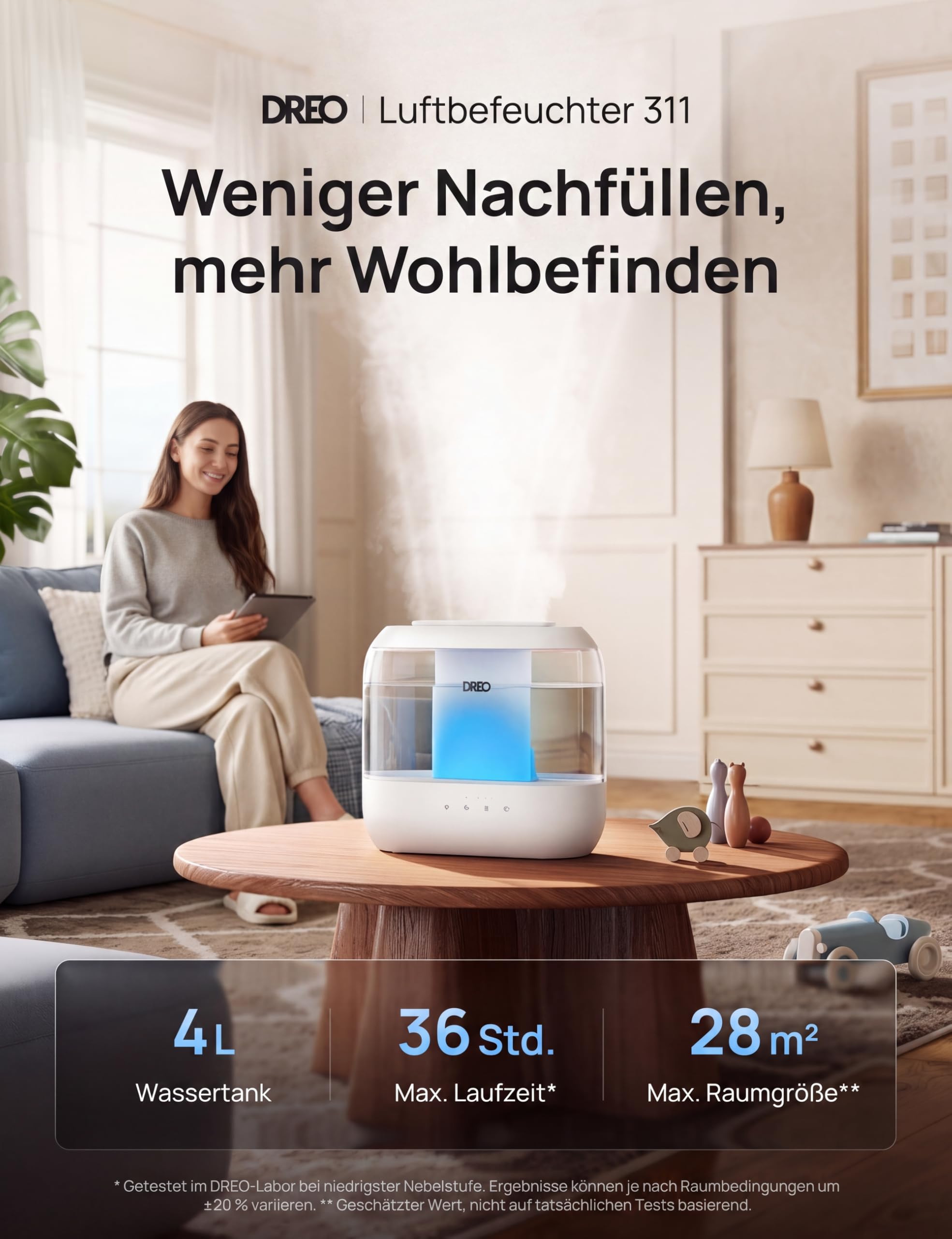Smart Luftbefeuchter für Schlafzimmer, oben befüllbarer 4L Supergroßer Kühler Nebel Humidifier mit Öl Diffusor und Nachtlicht, 36 Stunden Laufzeit, leiser Ultraschall Luftbefeuchter Zuhause